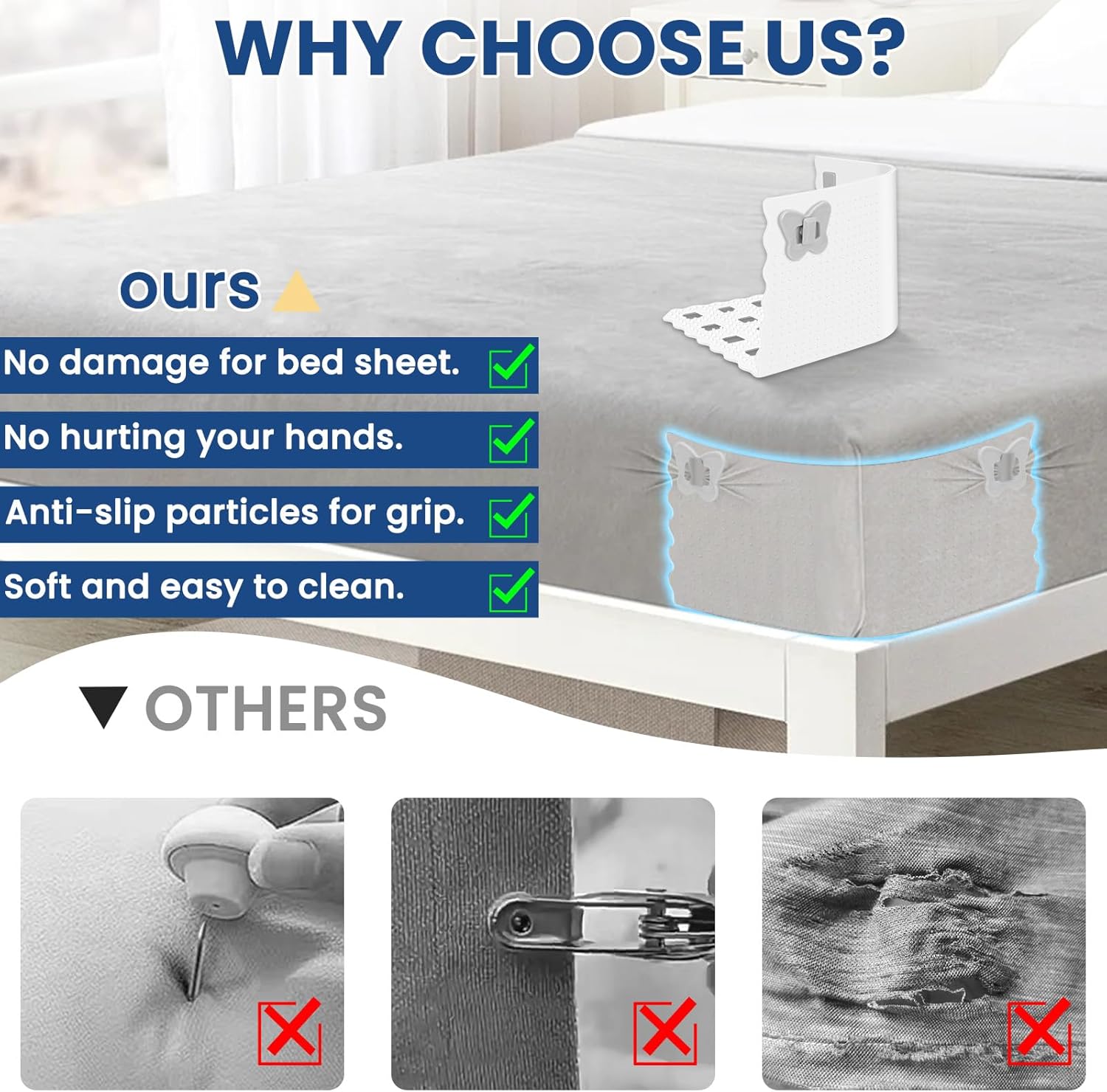 Bed Sheet binding Straps Fitted Lock for Thin Sheet, Bed Sheet Clips Fasteners for Corner Heavy Duty, Adjustable Anti-Slip Sheet Holders Tightener Keep In Place,for all Mattress install (White)