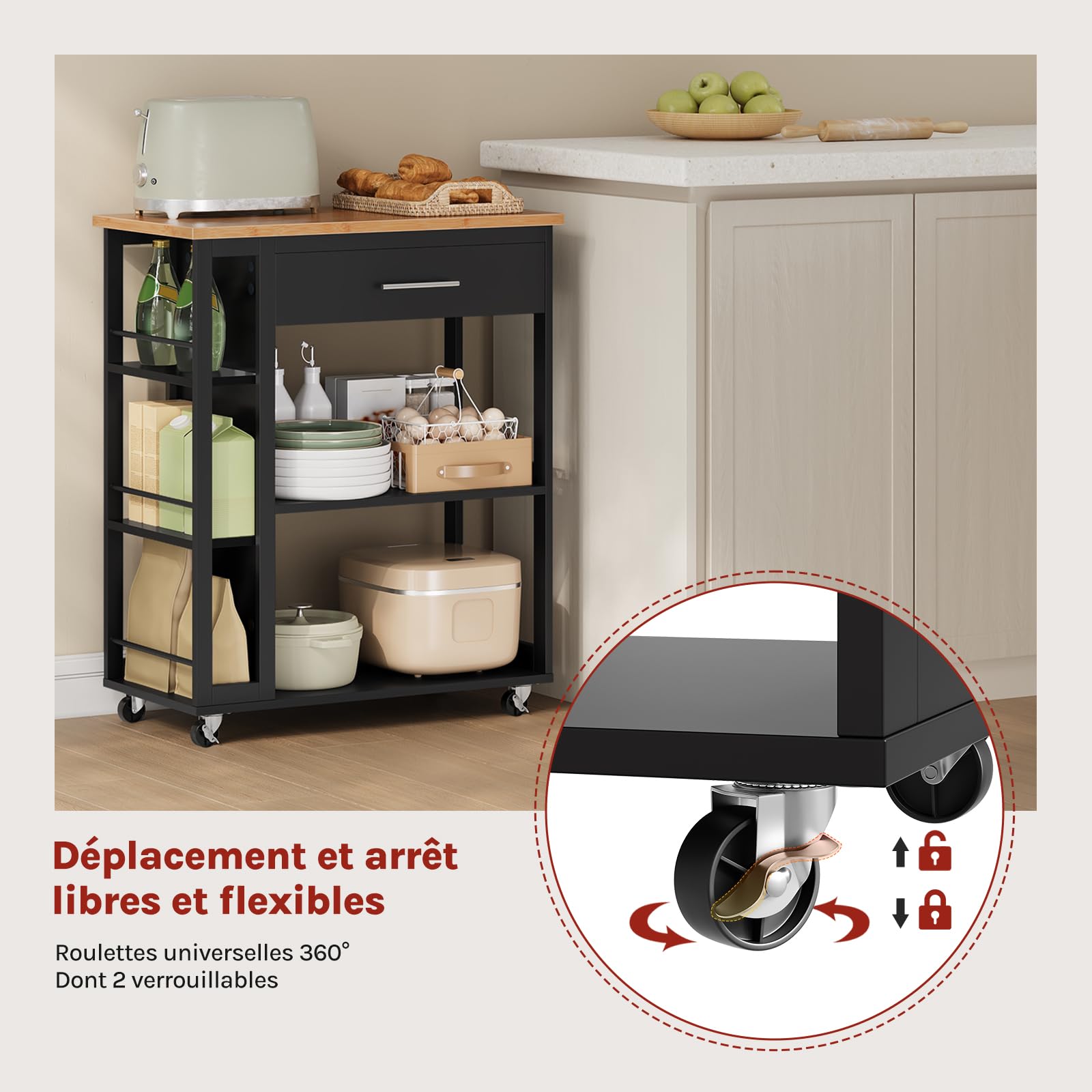 WOLTU Desserte à roulettes, Îlot de Cuisine, Chariot de Rangement avec Plan de Travail, Tiroir et Étagères Ouvertes, pour Salle à Manger/Salle de Bain, 73x38x88cm, Effet de Bambou + Noir, RW051sz