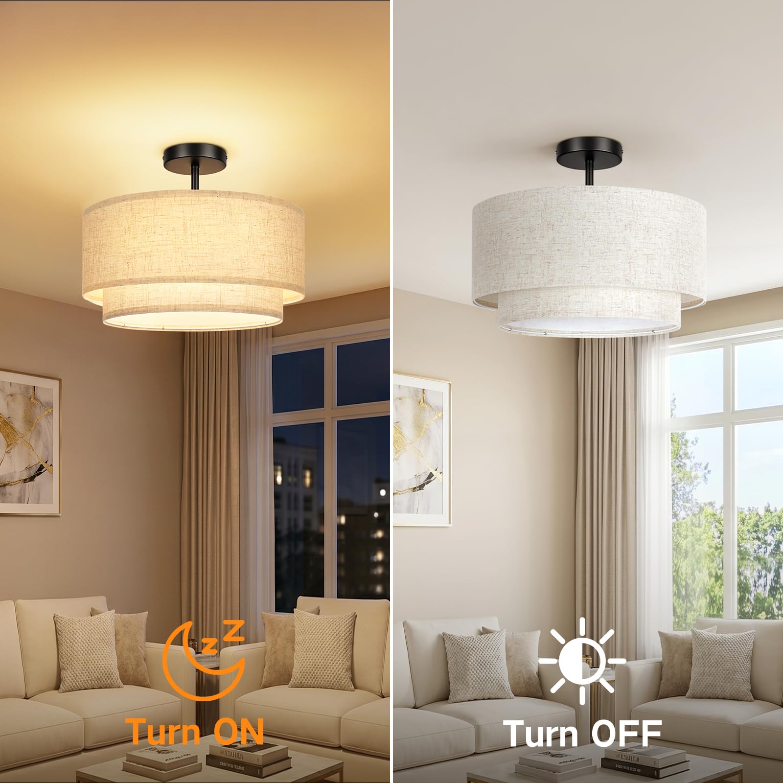 OUTON Plafoniera con Paralume in Tessuto, 3 Luci, Nera, Ø 40,6 cm | Doppio paralume in lino con diffusore interno, 3 attacchi E27, compatibile con lampadine dimmerabili, per ambienti interni