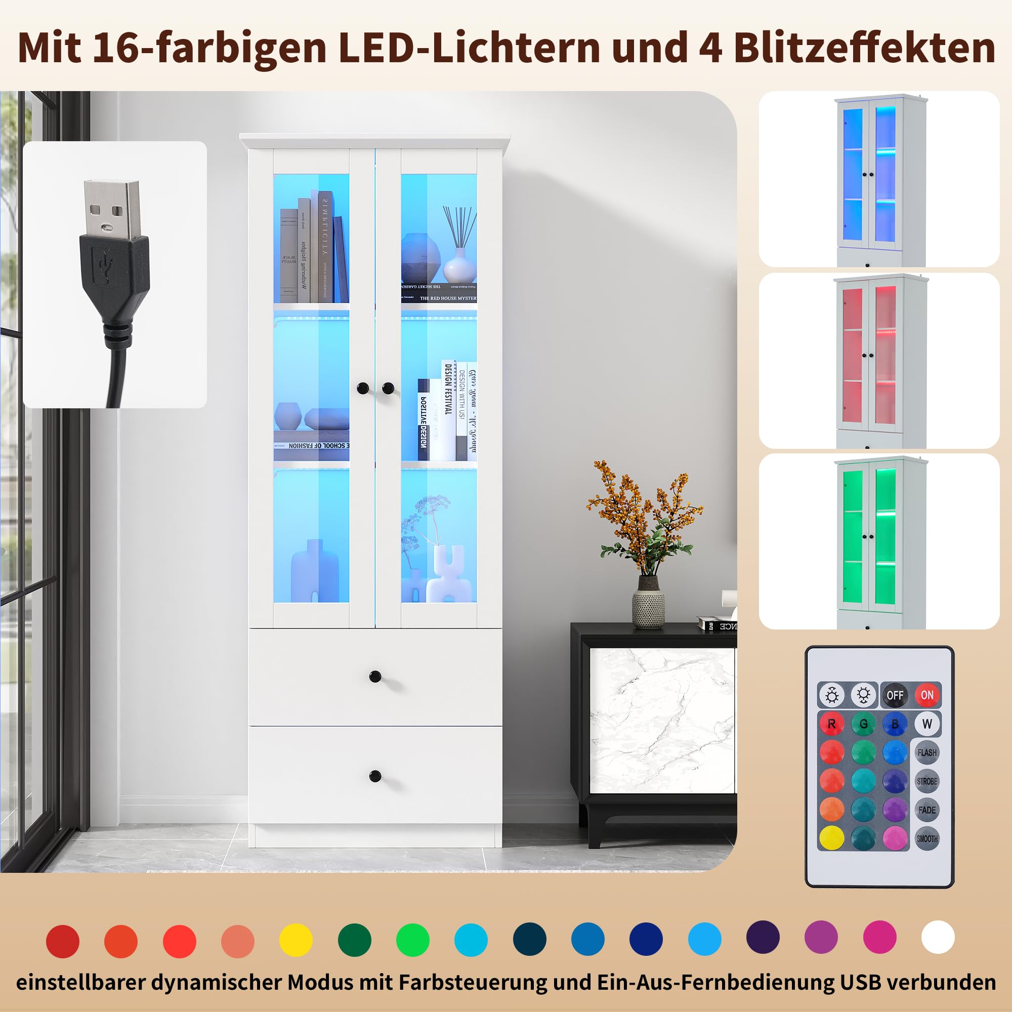Moderna vitrina LED blanca mate de 165 cm de alto con puerto USB, mando a distancia de 16 colores, vitrina de cristal con 2 cajones, vitrina vertical con estantes ajustables, sala de estar