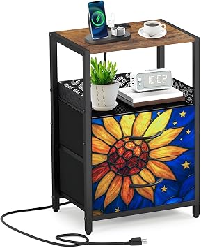 Night Stand with Charging Station Textured Glass Sunflower Yellow Blue Side Table with Fabric Drawers End Table with Open Shelf Bedside Table with USB Ports & Outlets
