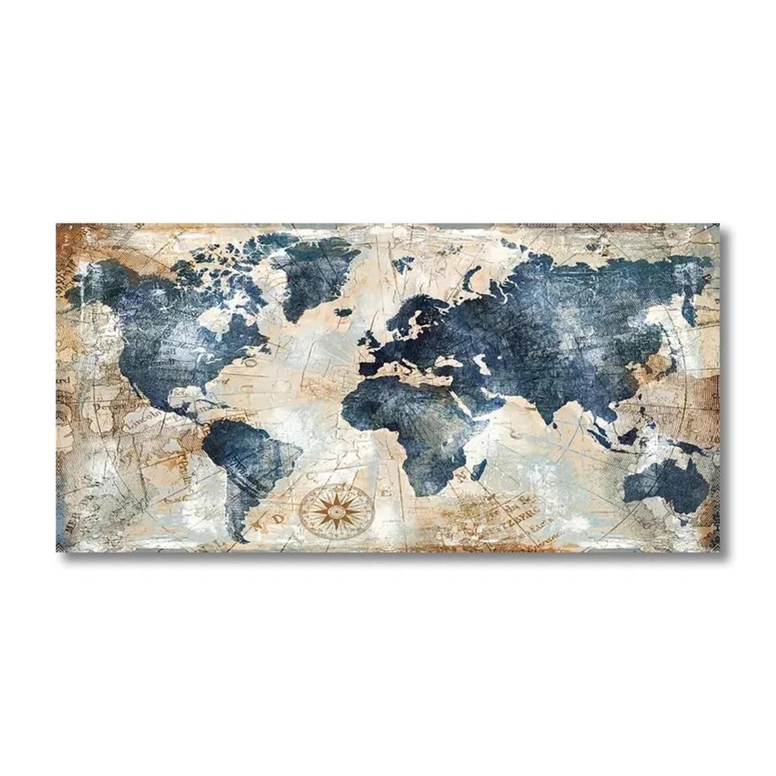 Tableau déco nature vintage : carte du monde en toile 30x60cm pour salon