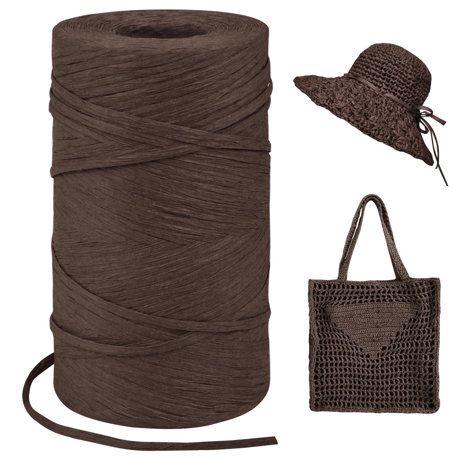 LEREATI Dark Coffee Raffia Yarn for Crochet Bags, 3mm x 300m Flat String Raffia Ribbon for Gift Wrapping, Paper Ribbon Yarn for Crocheting Sun Hat, Bag, DIY Crafts, Holiday Decoration