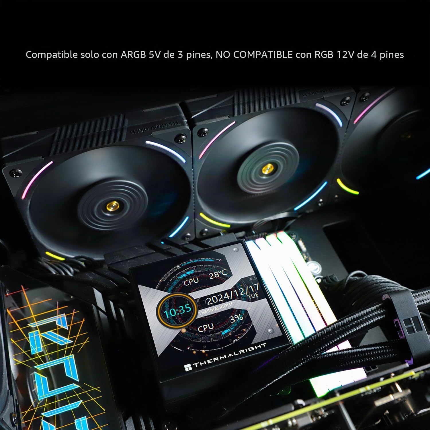 TR Hyper Vision 360 ARGB Enfriador líquido CPU AIO negro, pantalla LCD IPS con resolución 480x480 para AM5/Intel LGA1851/1700 LCD de 3,95 pulgadas que absorbe imanes para imágenes