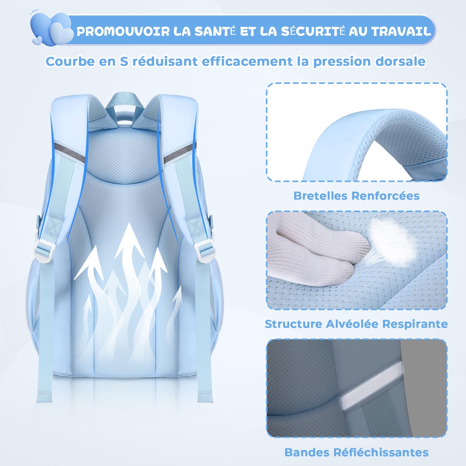Sisipoet Cartable Fille Primaire, Sac à dos Enfant Respirant avec Bandes Réfléchissantes, Sac d'école Ergonomique Portefeuille Amovible, Sac à dos Adolescent Fille Léger pour École et Voyage - 5