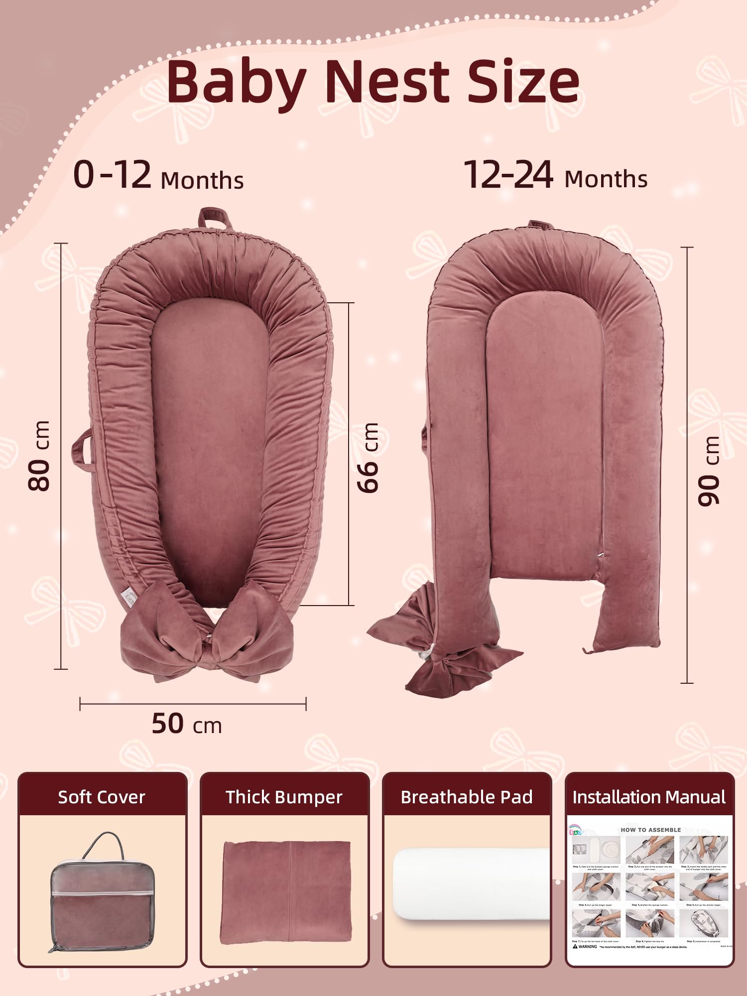 EAQ Baby Nest Pod for Newborn,Baby Sleep Pod Soft Breathable Napping or Traveling for 0-12 Months,Travel & Baby Essentials for newborn (Bean paste pink) - Image 2