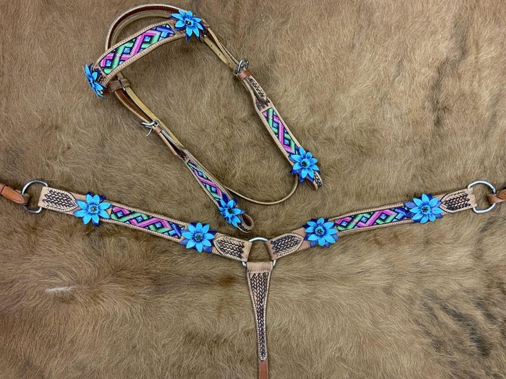 Showman ® Rawhide Braided Headstall and Breast Collar Set with Crossed Guns Conchos.