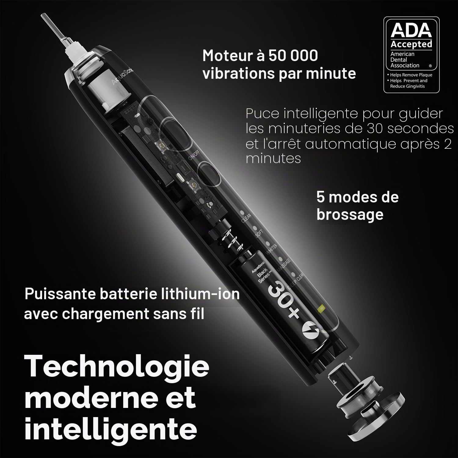 Aquasonic Black Series PRO – Brosse à dents électrique ultra-blanchissante – 5 modes et minuteurs intelligents – Étui de voyage premium et 6 têtes de brosse Proflex – Brosse à dents acceptée par ADA