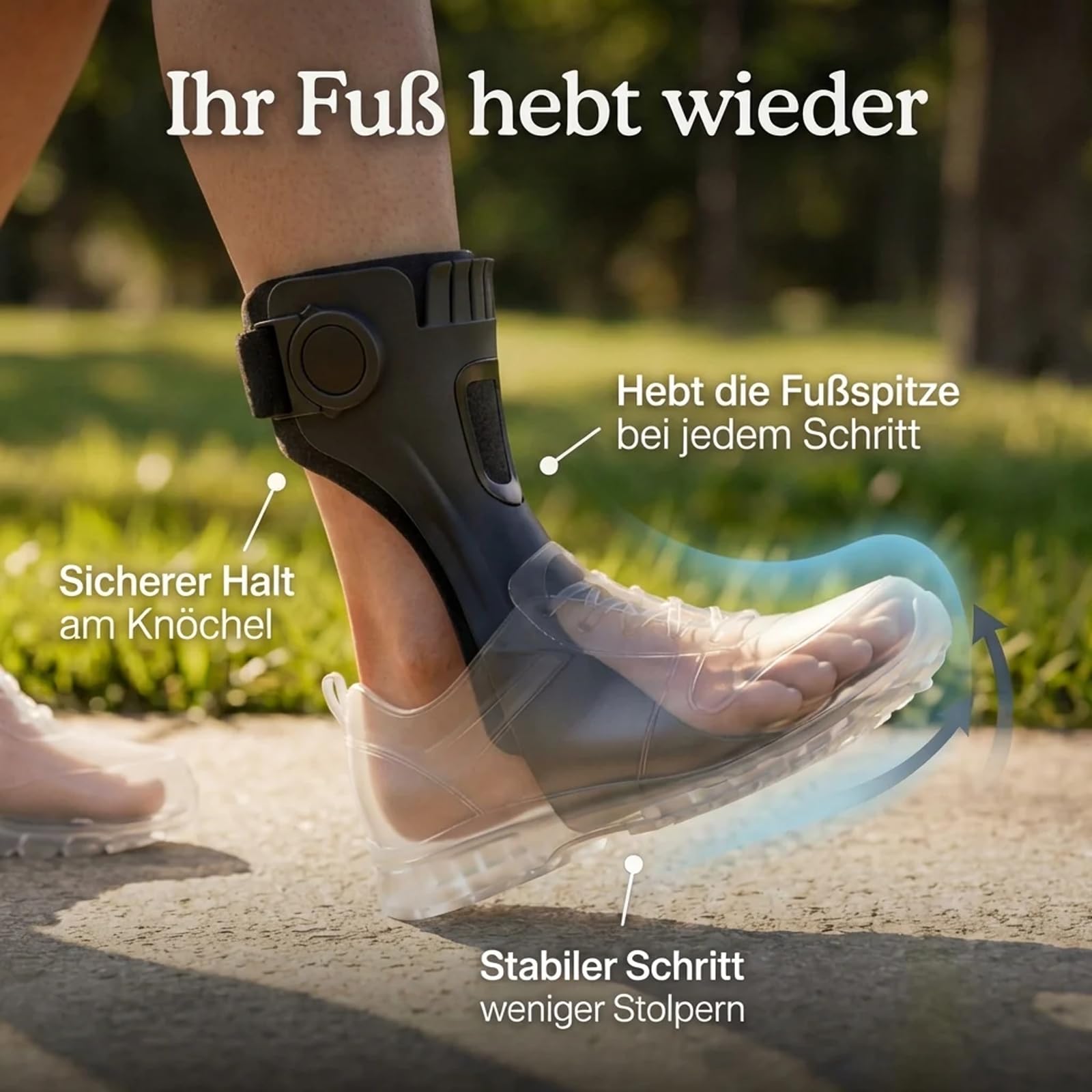 Woluna Fußheber mit Luftpolster für stabileren Gang (L, Links) | Weiche Kunstleder-Innenseite, verstellbarer Halt und belüftetes Design für angenehmes Tragen im Alltag