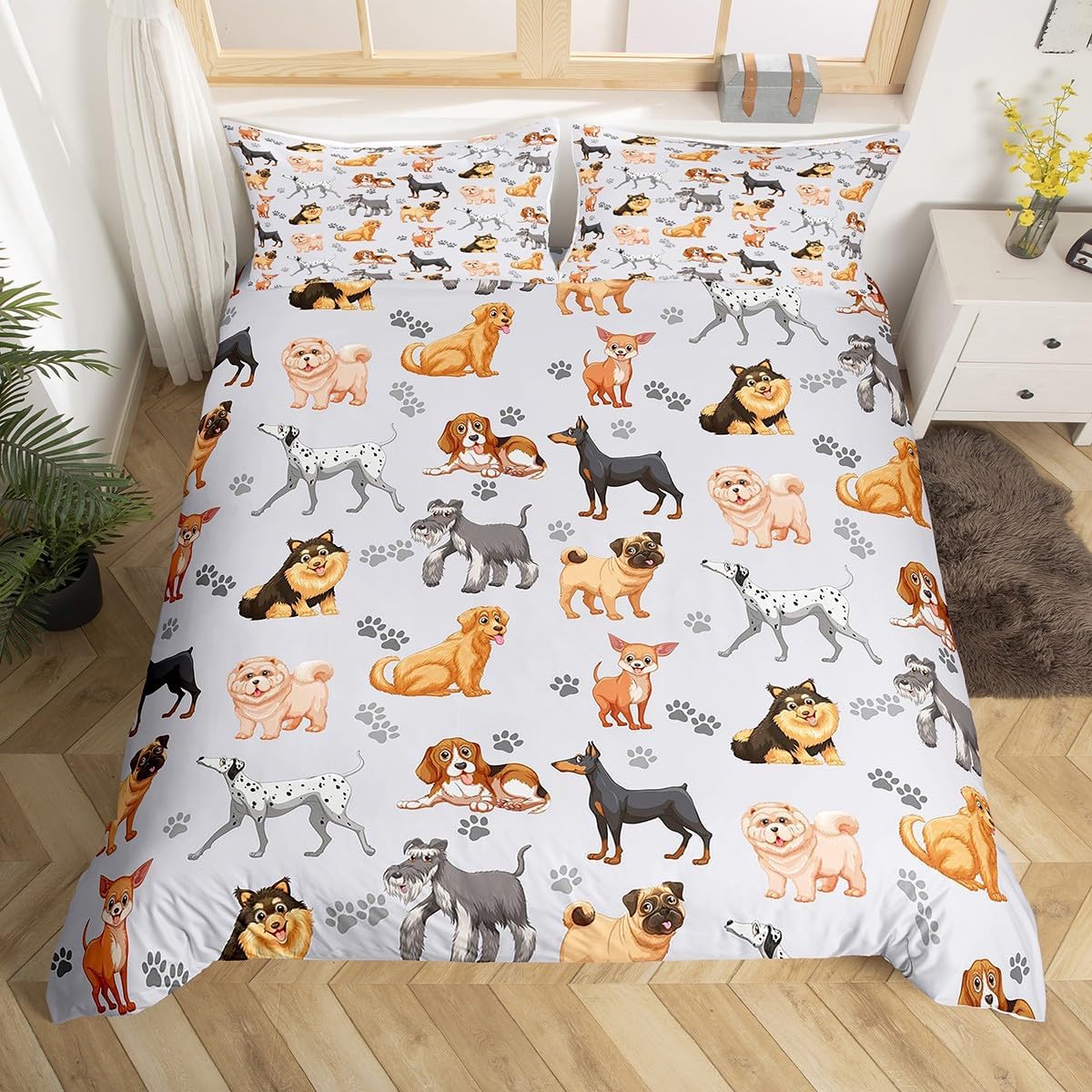 Kids Cute Dog Bedding Set Toddler Cartoon Dogs Comforter Cover for Boys Girls Children Pet Dog Puppy Animal Lover Duvet Cover Lovely Dog Paw Bedspread Cover Room Decor Quilt Cover Queen Size
