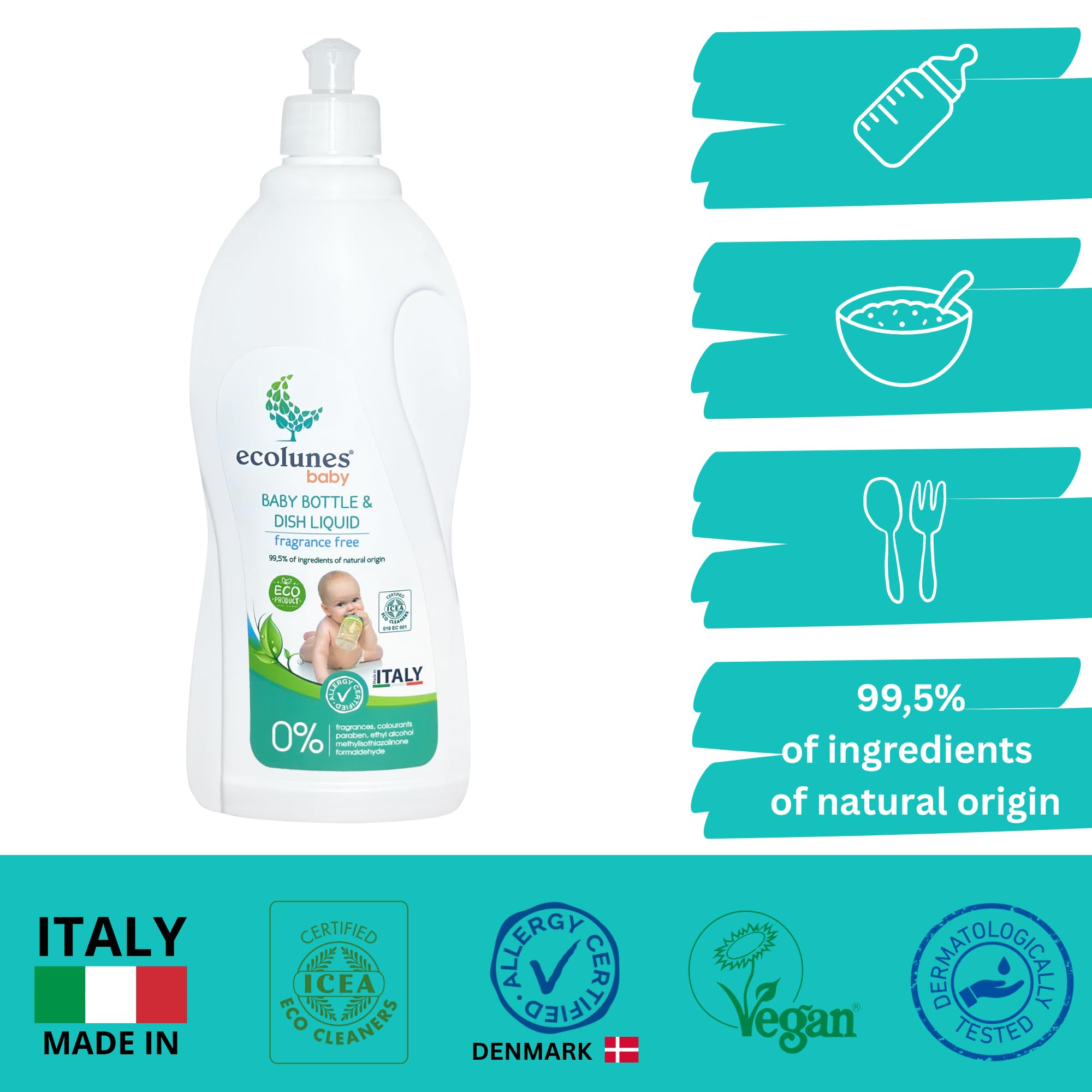 Ecolunes Liquido per biberon e piatti senza profumo 99,5% di ingredienti di origine naturale, non provoca allergie, realizzato con detergenti di origine vegetale, dermatologicamente testato, 750 ml