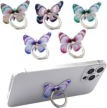 5 PCS Butterfly Cell Phone Ring Holder, Cute 360Rotation Metal Finger Pattern Painted Universal Phone Ring Stand Holder Compatible for All Smartphones