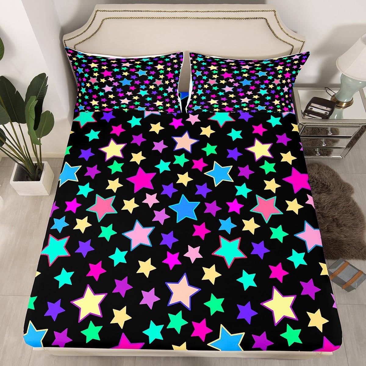 Kids Cute Star Print Fitted Sheet Queen Size Kawaii Star Pattern Bed Sheet Set for Boys Teens Decor Colorful Rainbow Bedding Set Multicolored Bed