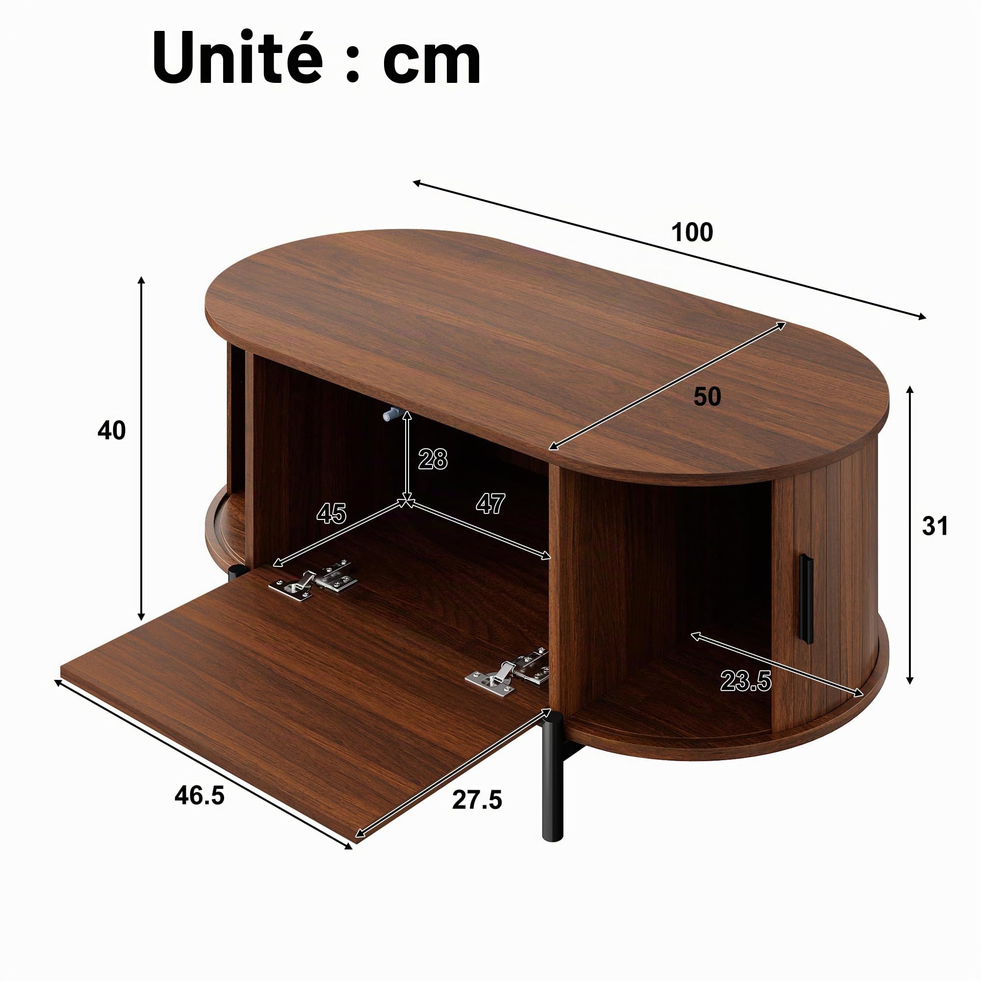 Merax Table basse en noyer avec espace de rangement, table de salon aspect bois avec portes coulissantes en rotin et pieds en métal, table d'appoint moderne pour salon, 100 x 50 x 40 cm (L x l x H)