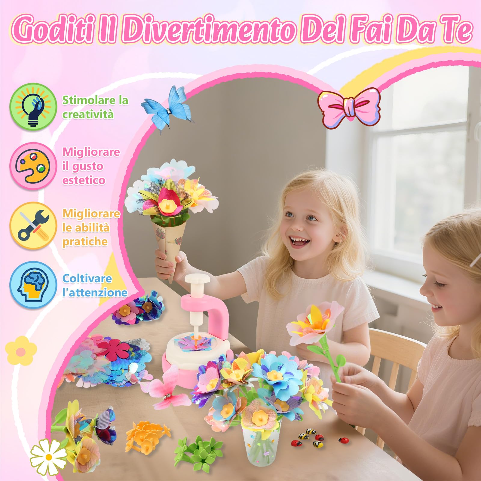 Herenear Il Laboratorio dei Fiori, Kit Artigianalee Creativo con Macchina per la Produzione di Fiori Bambini, DIY Kit Creativo Regalo Bimba Giocattoli Educativo Bimba 4 5 6 7 8+ Anni