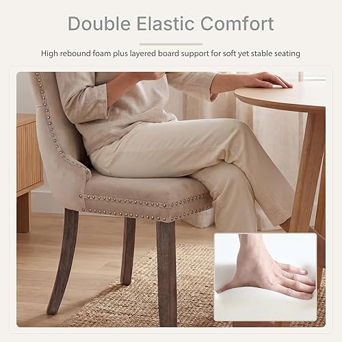 Miniatura 5 de Juego de 6 sillas de comedor de terciopelo beige, Silla tapizada de tela para cocina y comedor, sillas de comedor modernas de mediados de siglo,