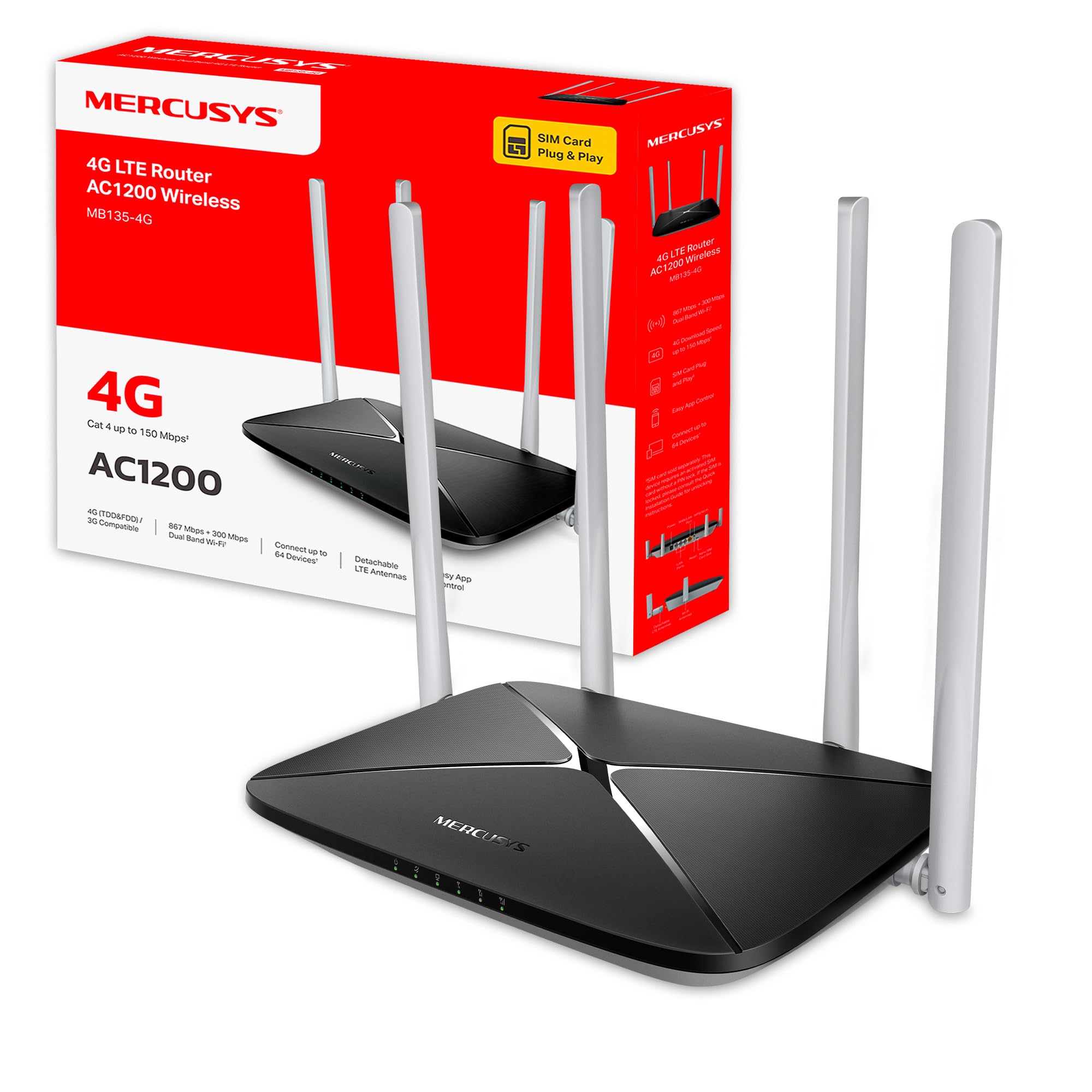 Mercusys MB135-4G | 4G SIM, LTE CAT4, Wi-Fi AC1200 Dual Band (5GHz/2.4GHz) + 4 Powerful Antennas, Maximum for 64 Devices, Compatible with All Carriers