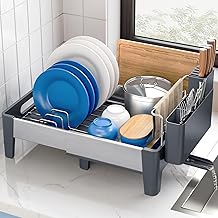 Urackify Kitchen Dish Drainer, Extendable Dish Drainer (32.2-50 cm), Stainless Steel Dish Drainer with Aluminium Frame, Grey