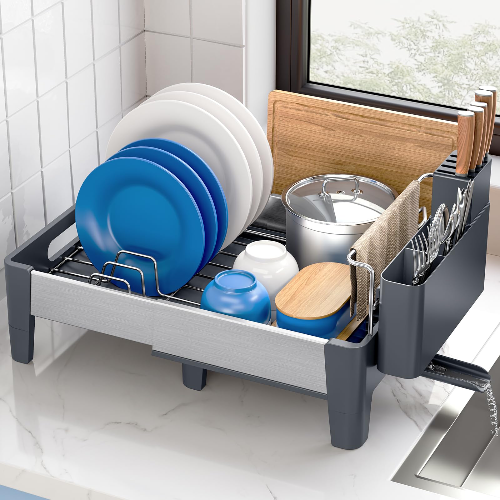 Urackify Escurridor de Platos, Gris | Extensible, Acero Inoxidable, Aluminio, Soporte Utensilios Extraíble, para Encimera