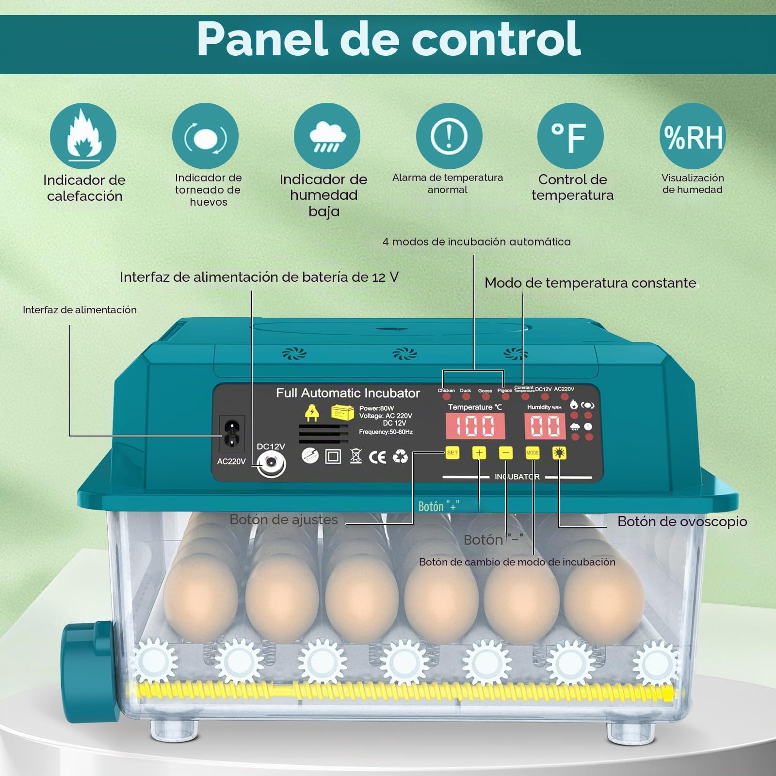 Incubadora Automática de Huevos 36 Huevos, Incubadora de Huevos con 5 Modos Preestablecidos, Volteado Automático de Huevos y Control de Humedad, Luz de Comprobación de Huevos, Incubadoras para Pollo