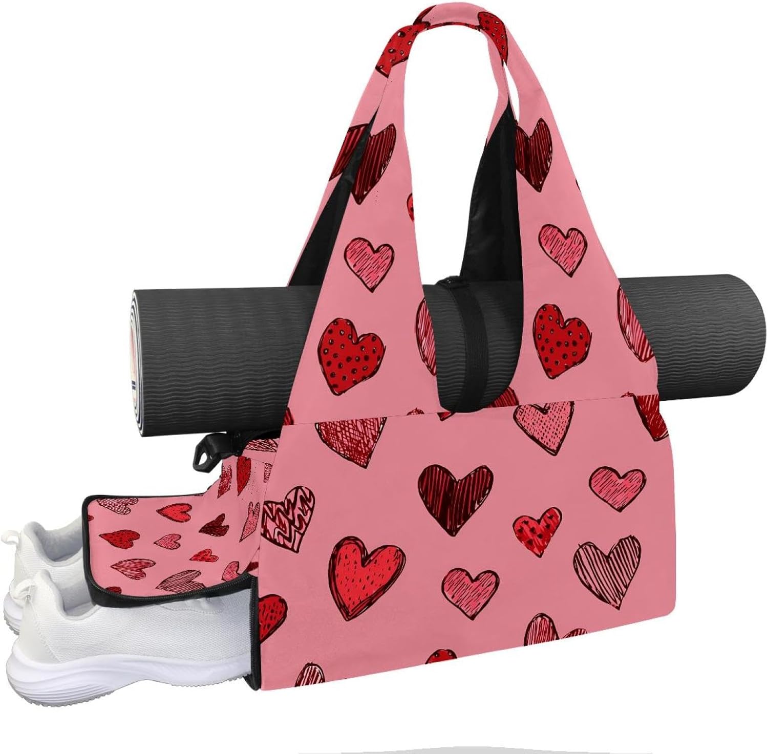 Yoga Mat Bag, Gym Workout Bag with Shoe Compartment, Hearts Pilates Bag for Women, Quick Access Storage Yoga Tote Bag for Sports Travel Office