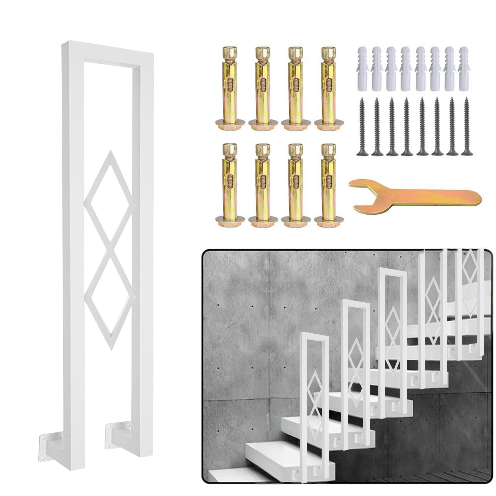 Corrimano Forma di U Interne, Corrimano per Scale Ringhiera Decorativa A Rombi Corrimano Metallico A Montaggio Laterale per Corridoi, Ville, Balconi, Esterni(Size:100cm,Color:Bianco)