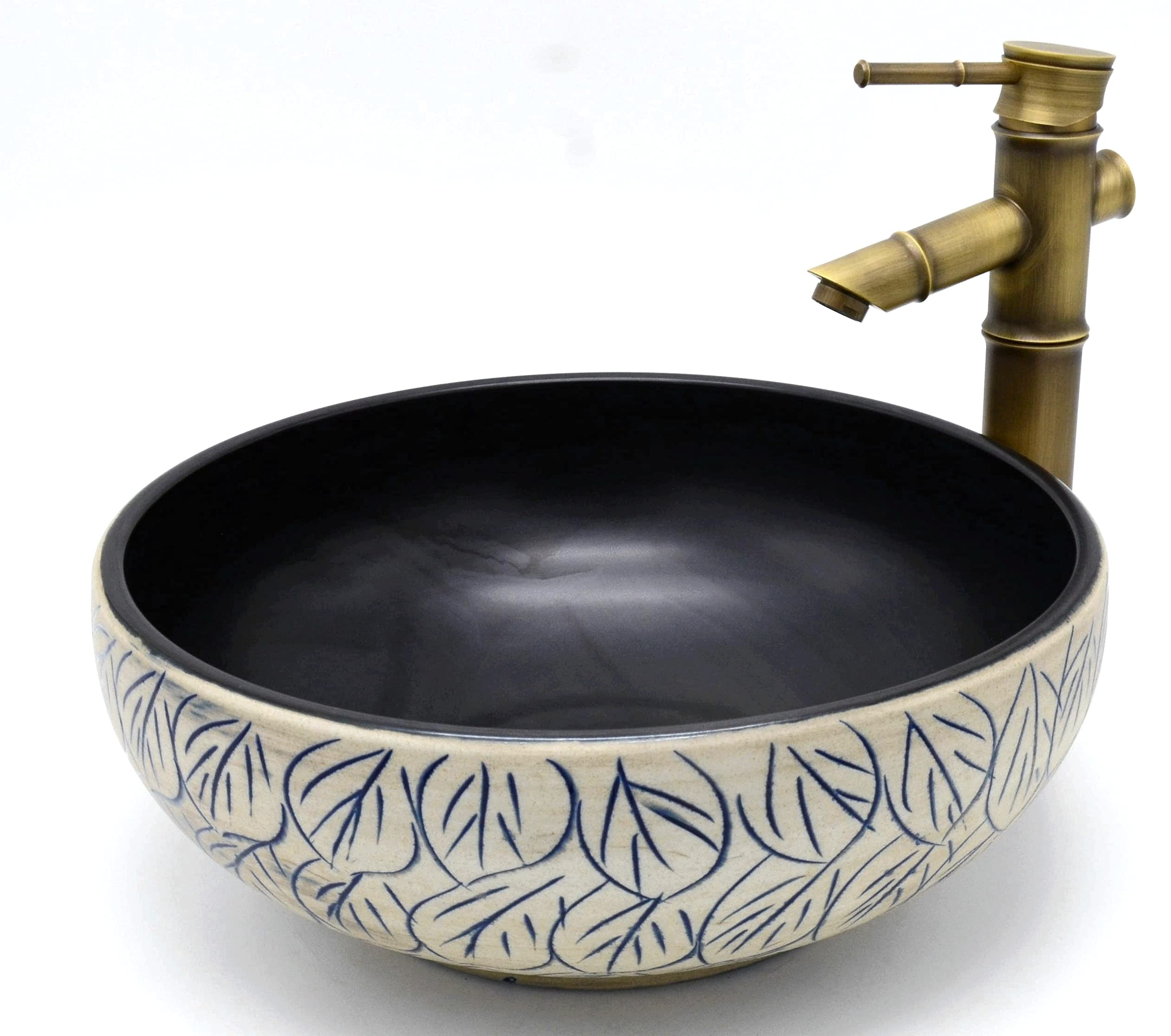 Foglia Nero Vintage Fantasia Floreale Bagno Mantello Rotondo Ceramica Porcellana Contatore Top Kasbah Lavabo Lavabo Lavandino Ciotola