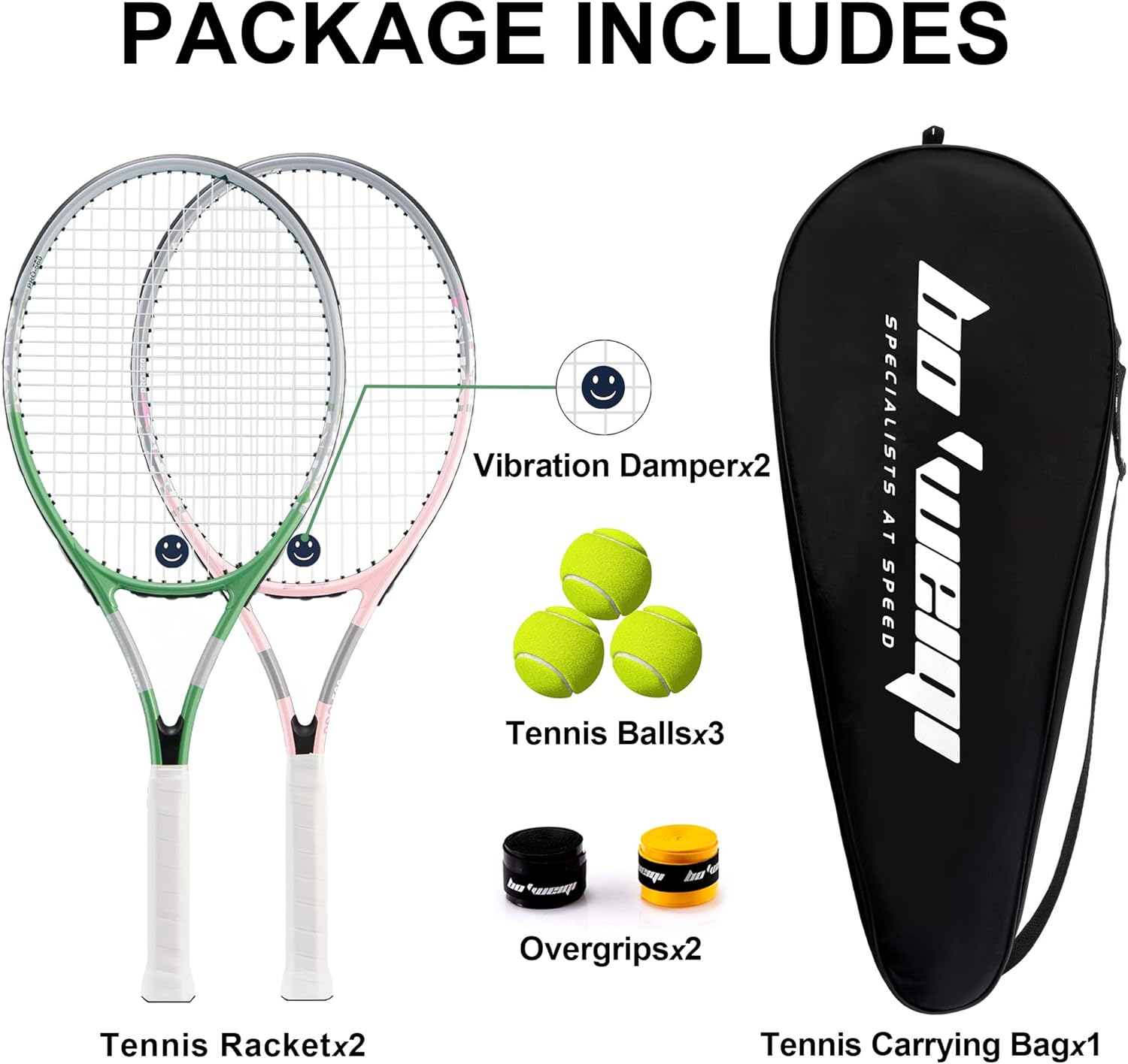 bo'weiqi 27" Recreational Tennis Racket Set 2 Players Lightweight Pre-Strung Tennis Racquets for Beginners, Including 3 Balls, 2 Overgrips, 2 Vibration Dampers and 1 Bag (Green and Pink) : Sports & Outdoors