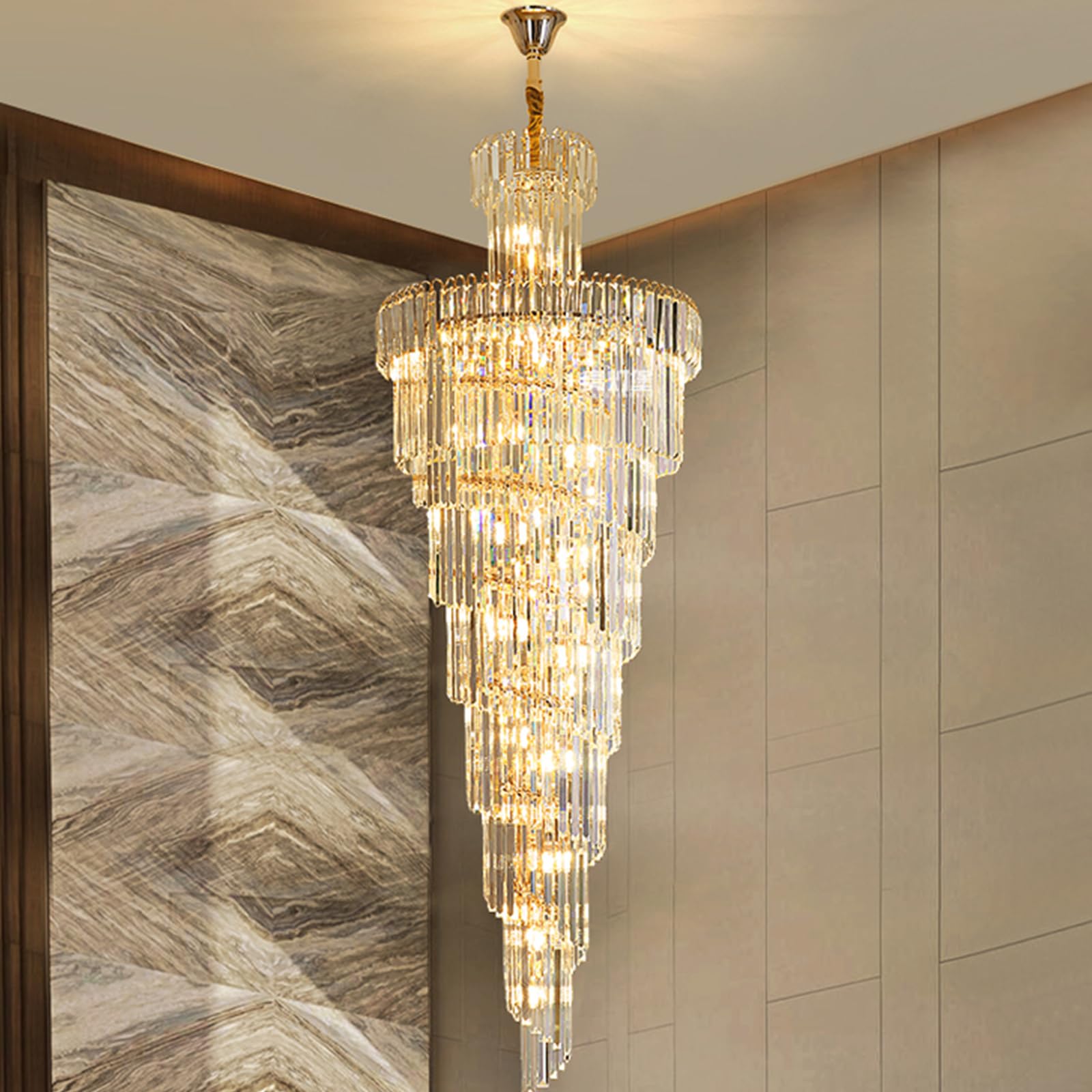 KXEcoLife E14 Nordic Duplex Staircase Long Chandelier, American Modern Simple Rotating Light, Living Room Villa Hall Crystal Light 0.45 * 1.2M