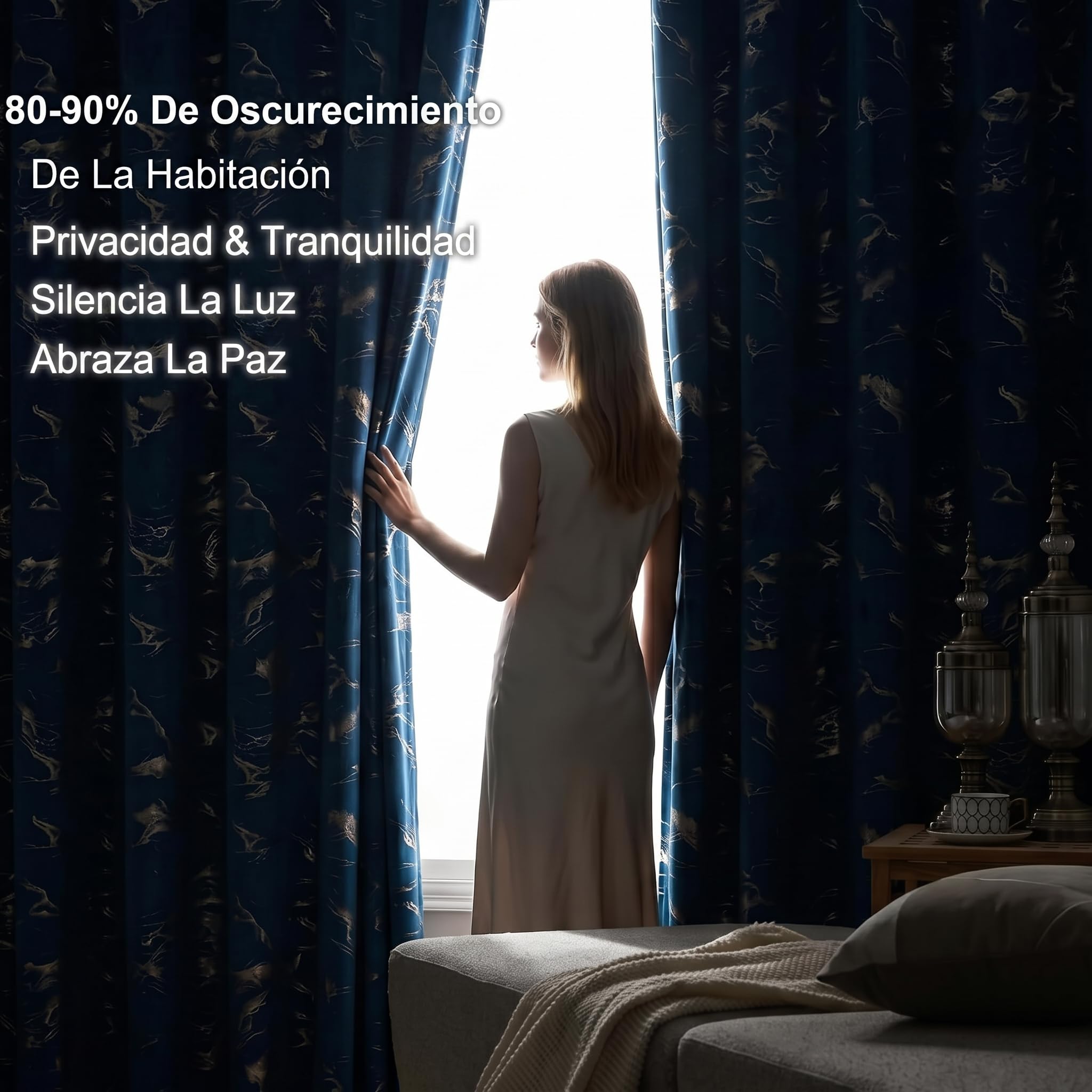Cortinas Azul Marino Doradas Efecto mármol, H200 x An140 cm, Juego de 2 Paneles, Terciopelo Suave, Cortinas Opacas 85-90%, Ojales metálicos 4 cm, salón Dormitorio Oficina