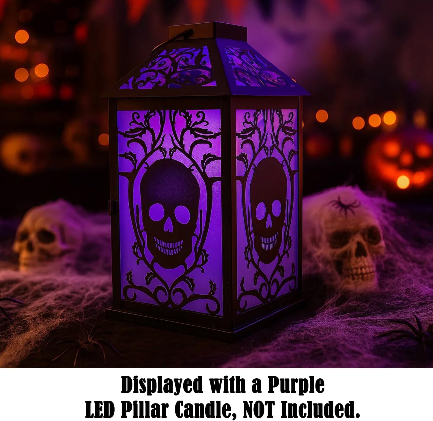 VELA LANTERNS 11.5" Halloween Skull Candle Lantern - Decorative Spooky Tabletop Light for Haunted House, Gothic Home, Front Porch & Party Decor, Metal with Frosted Glass (Candle NOT Included)