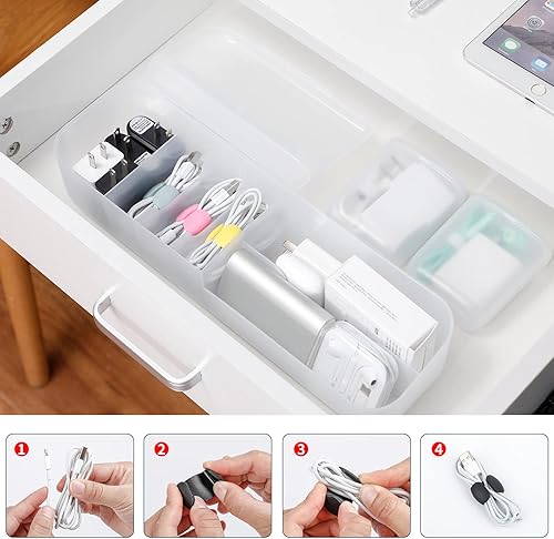 Miniatura 2 de Organizador de almacenamiento de cables de plástico con tapa, caja de cables grande para cajón de escritorio con lazos de alambre para suministros