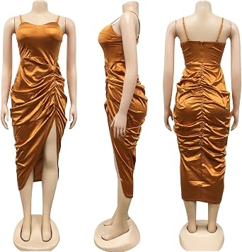 Women's Spaghetti Strap Satin Solid Bodycon Ruffles Ruched Bodycon Split Sexy Nightclub Dress