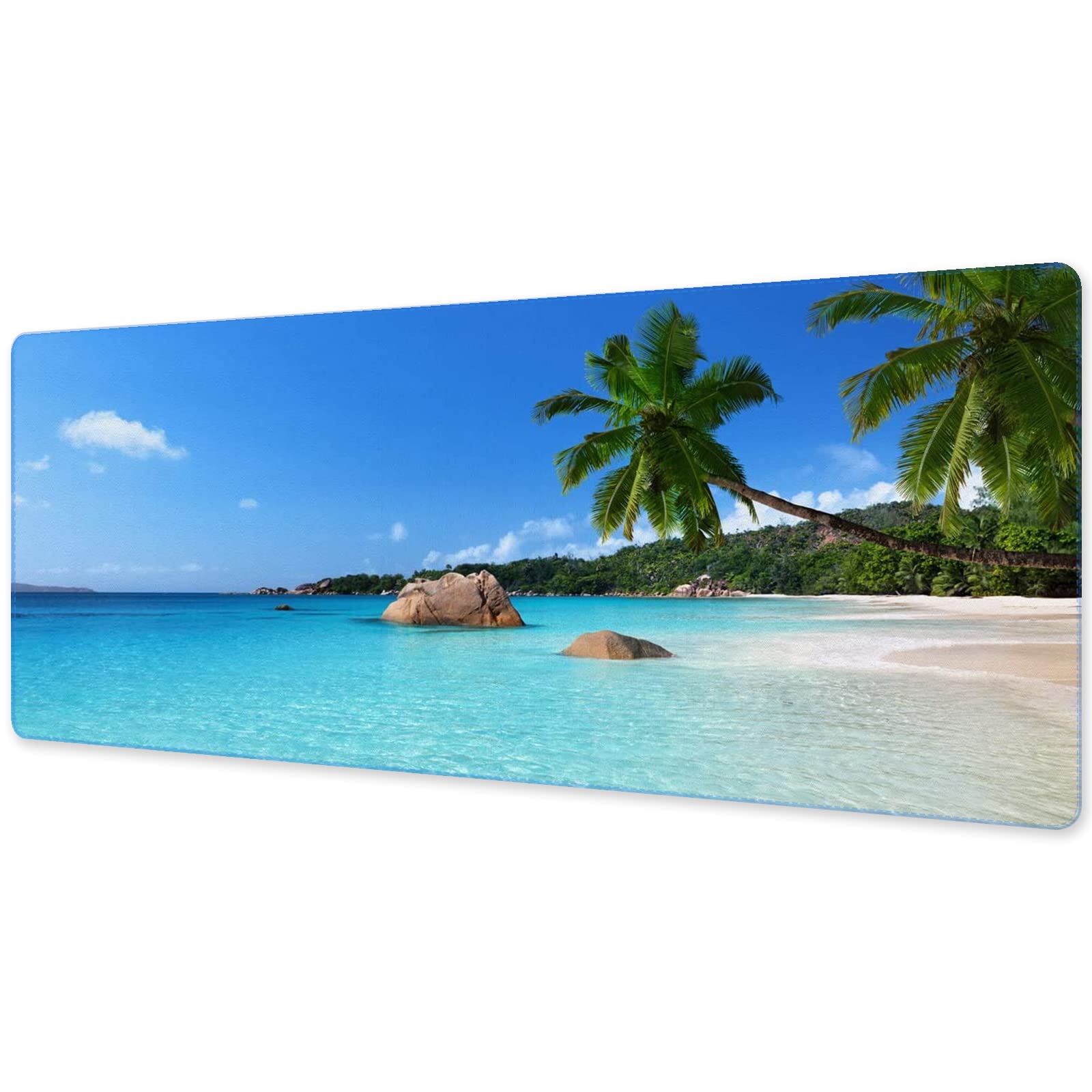 Long XL Mouse Pad, Cute Mousepad Gaming Large for Desk Office, Non Slip Base and Aesthetic Pattern for Computer Laptop Wireless Mouse, Blue Beach Mat Loved by Women Girls Men