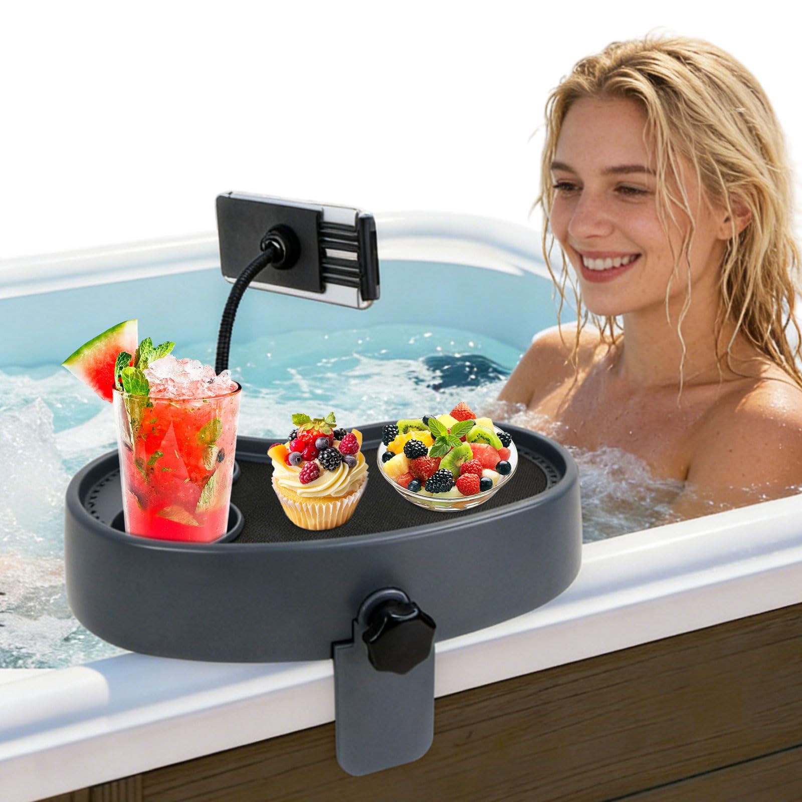 Tavolino regolabile 3 in 1 per vasca idromassaggio con supporto per telefono girevole a 360° e 2 portabicchieri, design antiscivolo e drenante, adatto per vasche idromassaggio/spa/piscina