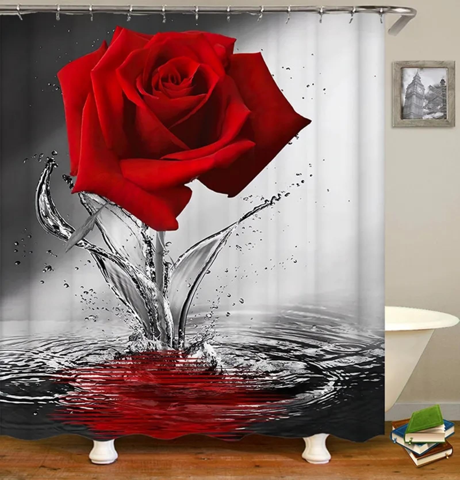 LIZXJY Red Rose Shower Curtain Floral Plant Landscape Polyester Fabric Hanging Curtains Bathroom Decoration Set With Hooks 125x185cm