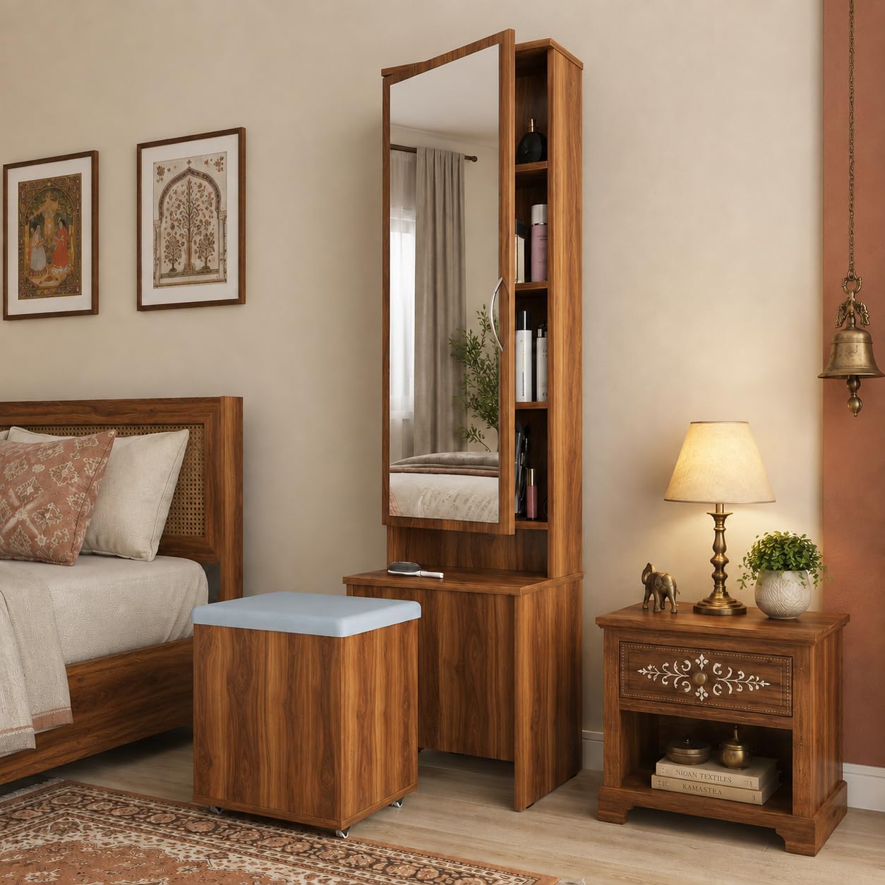 Studio Kook Berry Dressing Table with Mirror & Stool, Amber Walnut | Engineered wood unit with a 109 x 40 cm mirror, concealed shelves and cushioned storage stool on castors. Height: 179 cm.-image-1