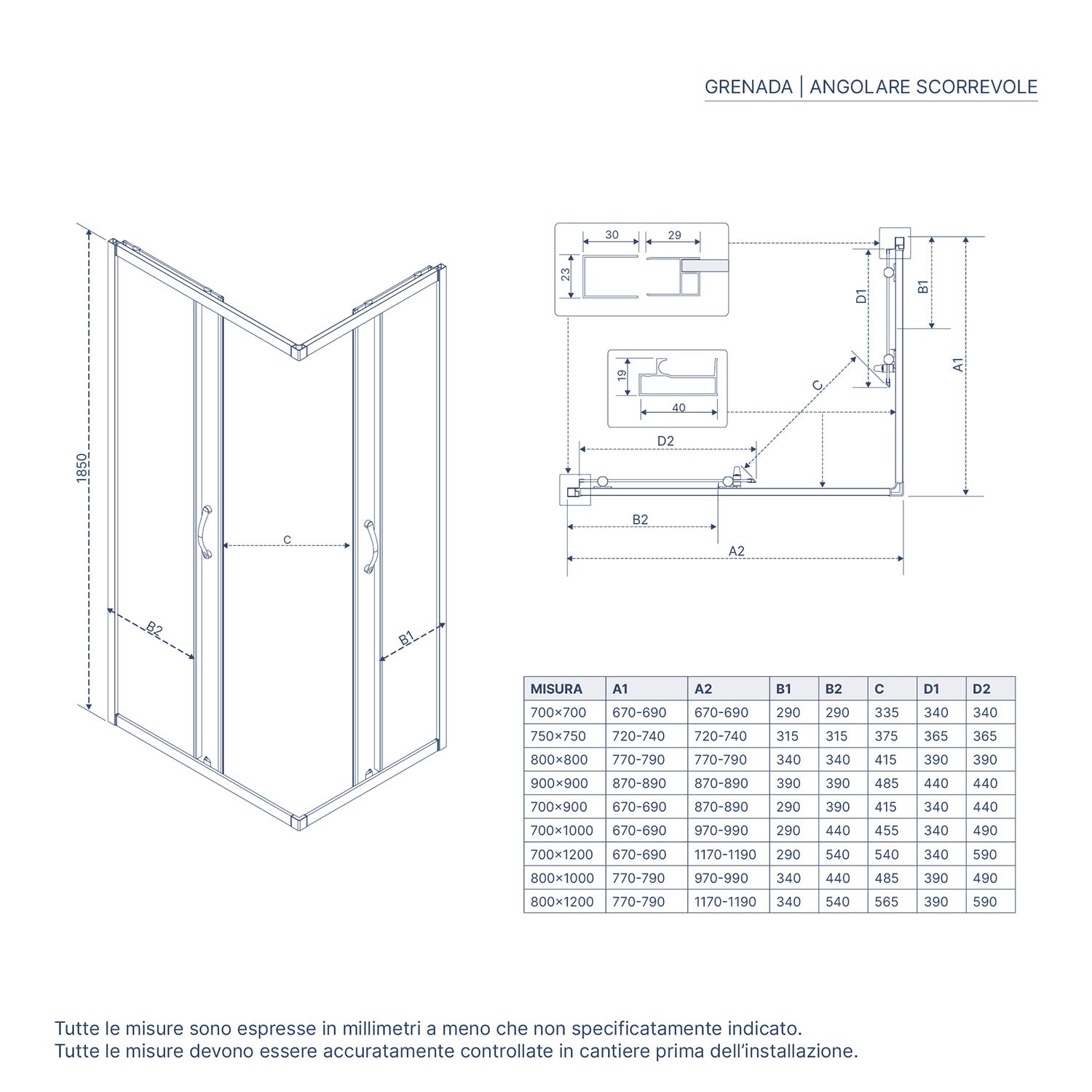 Box Doccia Angolare 75x75 cm Vetro Serigrafato 4 mm Profili Bianchi h185cm mod. Grenada