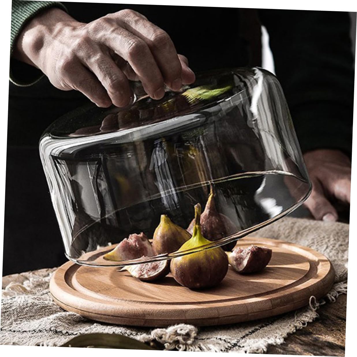 Glass Cake Dome with Large Wooden Tray, Food Protective Cover for Dessert, Pastry, and Bread Display, Dustproof Serving Stand for Home and Party Use
