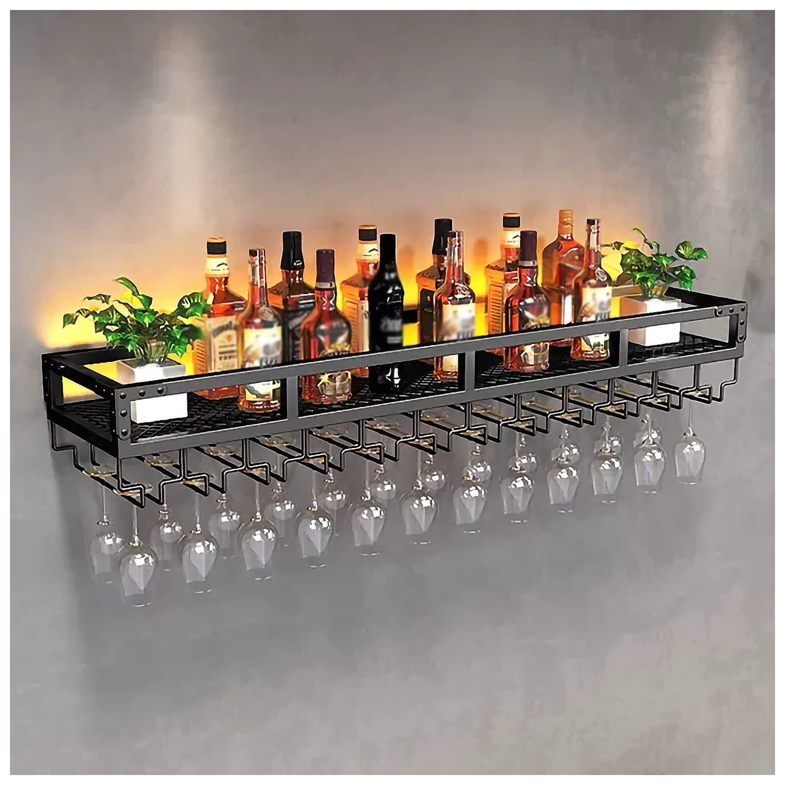 Étagère à vin murale noire en fer forgé 60x25x15cm pour cuisine et salon