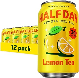 HALFDAY Prebiotic Lemon Iced Tea Cans, Supports Digestive & Gut Health, 6g Plant Fiber & Prebiotics, Low Sugar, 35 Calories, Real Brewed Tea, Natural Caffeine, Gluten Free, Keto, 12 fl oz (12 pack) Packaging May Vary