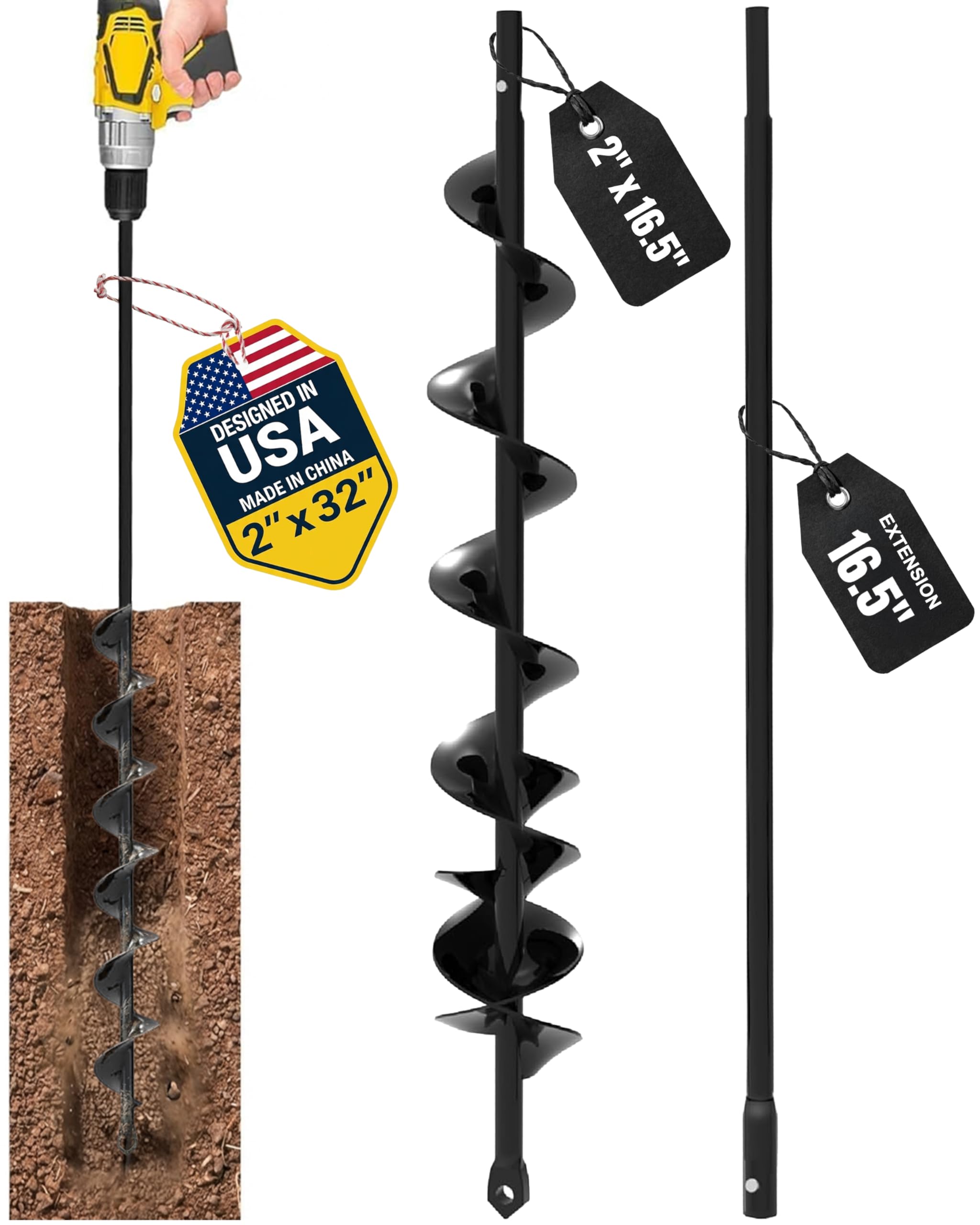 Auger Drill Bit for Planting 2x32'' - with Extension - Spiral Hole Planter for Bulbs, Fence Posts, and Umbrella Holes - 3/8'' Hex Drive Drill-