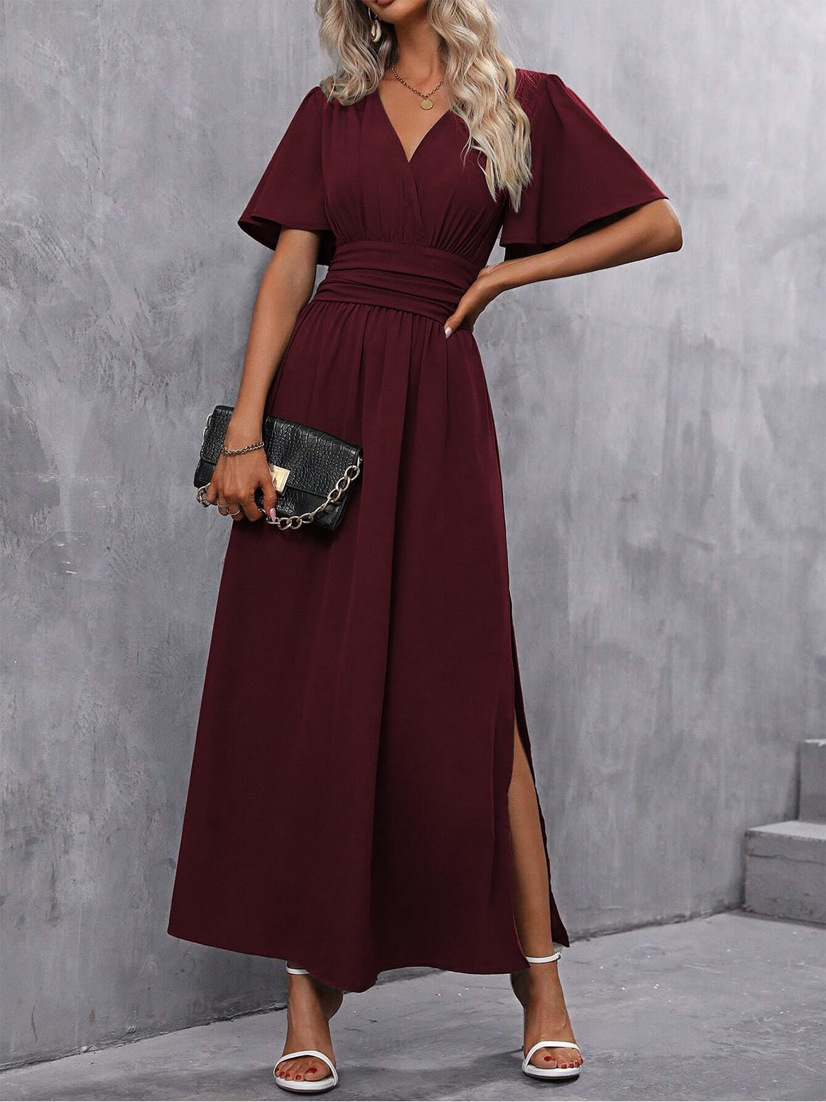 Abito Estivo da Donna Elegante Scollo a V Plissettato Vita Alta Abito Lungo con 2 Side Spaccato Causal Manica a Farfalla Vestiti Estate Abiti
