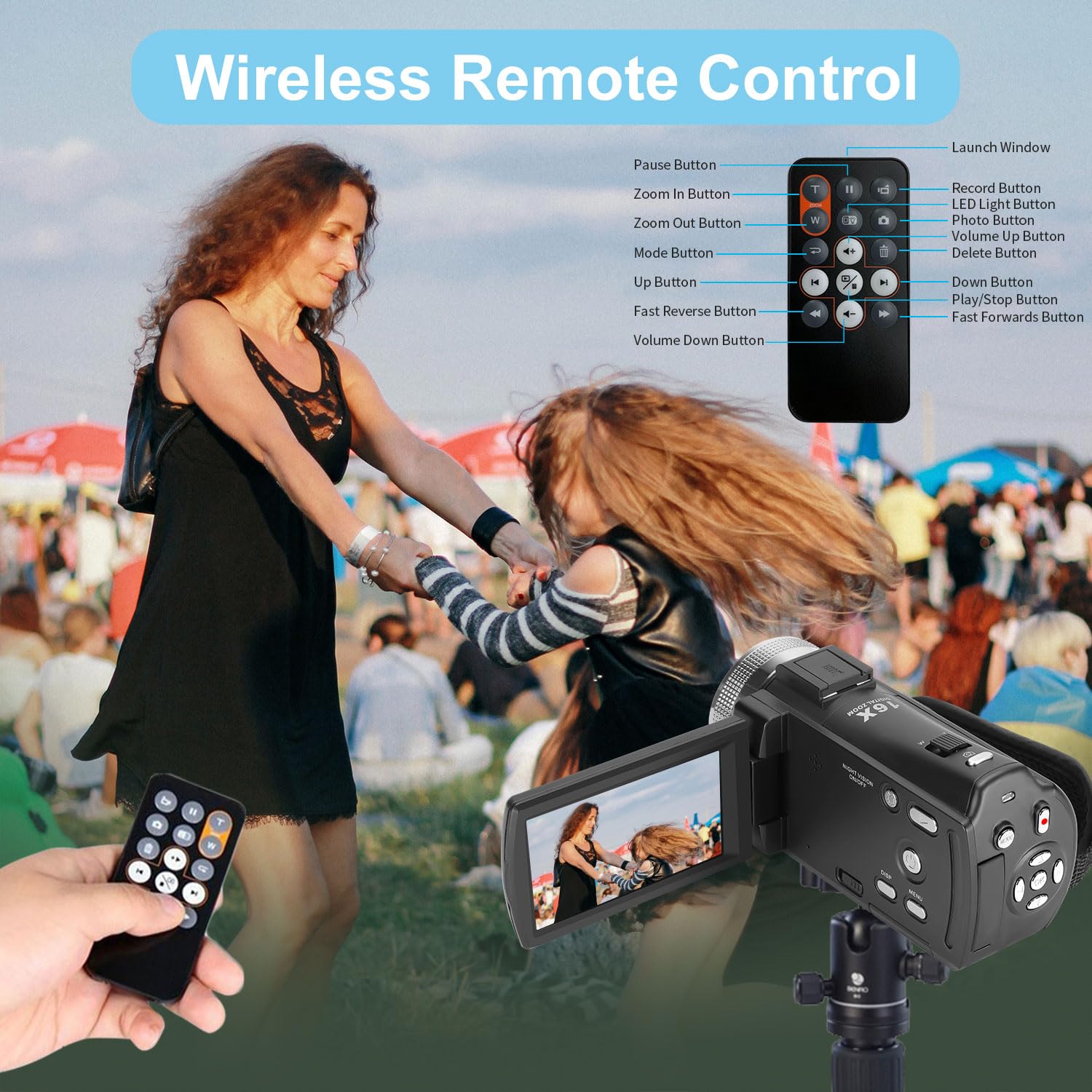 ORDRO V12 Caméscopes HD 1080p Caméra Vidéo Enregistreur Infrarouge Vision Nocturne Caméscopes Caméscopes avec Carte Mémoire 16G et 2 Batteries