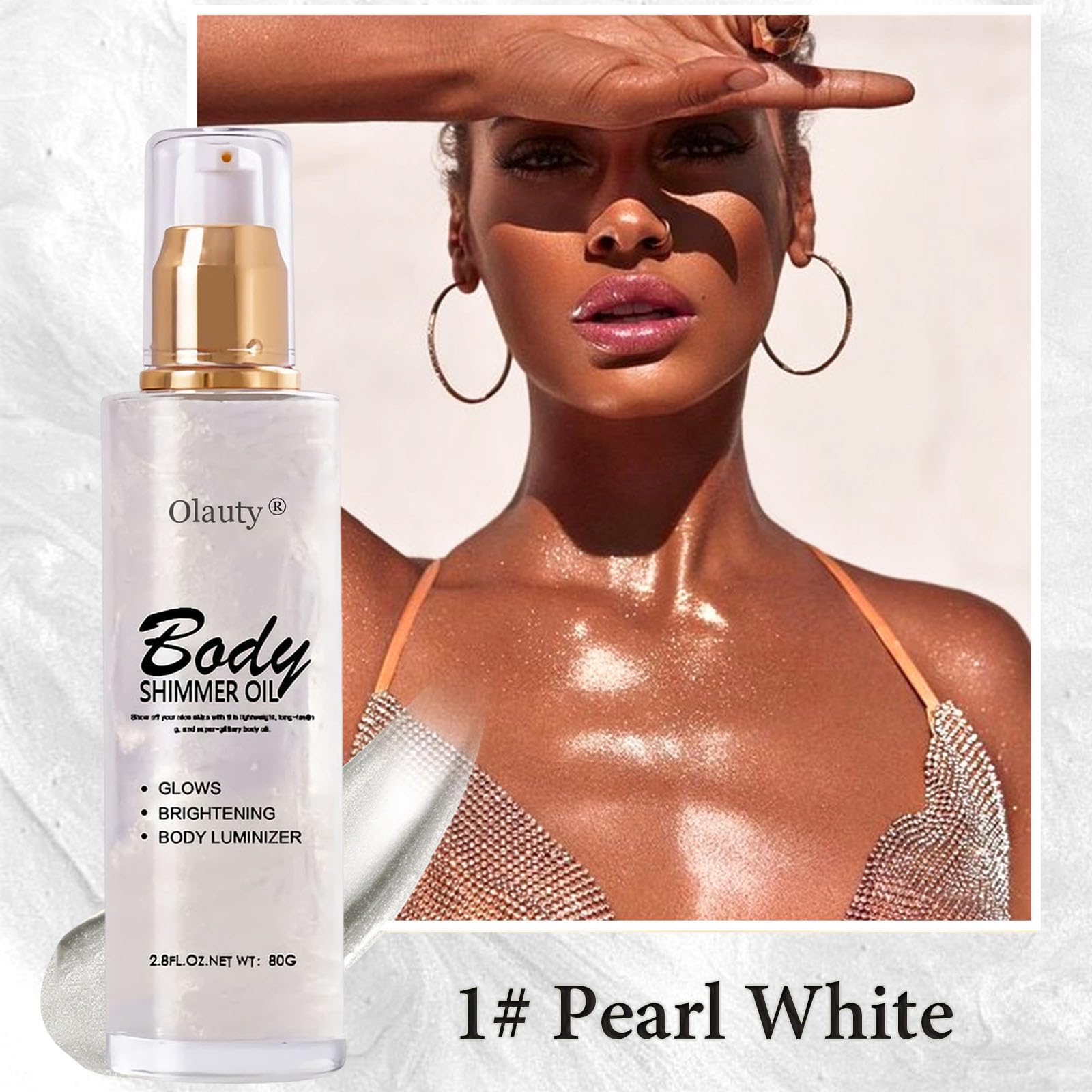 TITIMORE Body Shimmer Oil Waterproof Face and Body Liquid Luminizer Body Highlighter Makeup Moisturizing Non-sticky Body Glow Shimmer Lotion Body Smooth Light Shimmer Glow 80ml(#01-Pearl White) - Image 2
