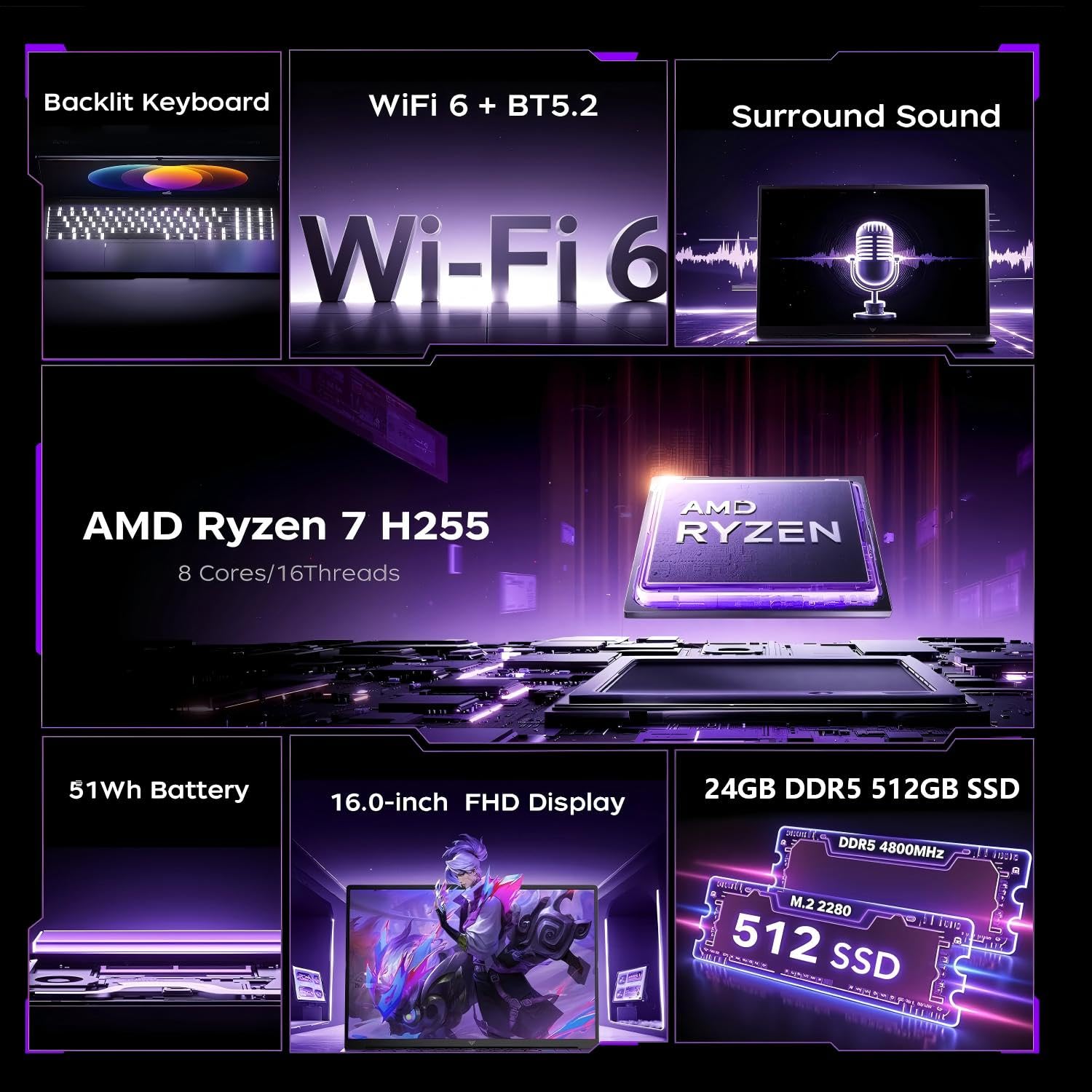 16" PC Portable Gaming - Processeur Ryzen 7 H255 (Jusqu'à 4.9 GHz)