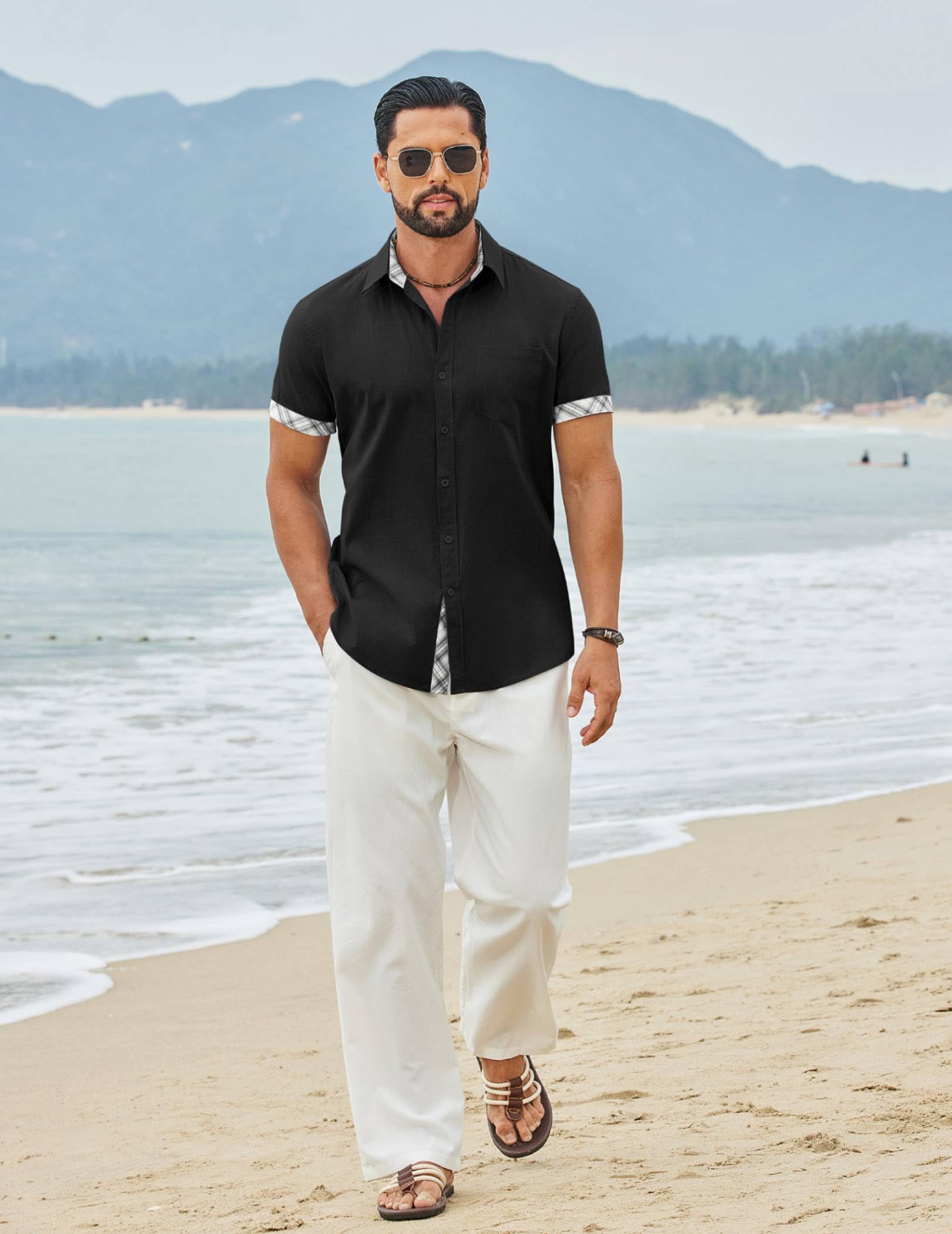 COOFANDY Camisa de Hombre de Manga Corta Camisa Casual de Algodón para Verano Camisas de Playa con Bolsillo en el Pecho
