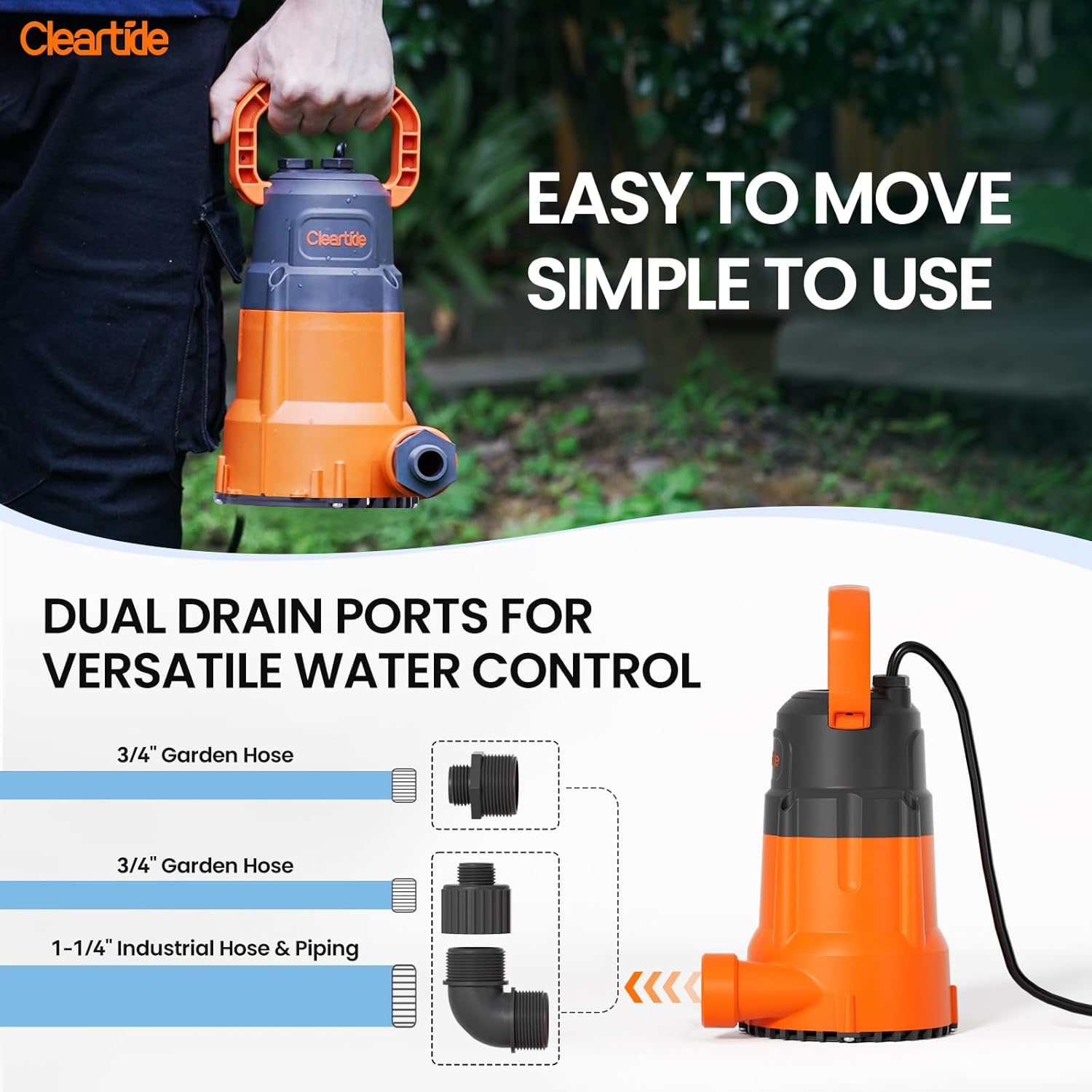 Cleartide Utility Pump, 8160 LPH Submersible Water Pump for Pool Draining, Hot Tub, Basement,100% Copper Motor, Electric Drain Pump Handles 1/8" Solids, 10 FT Cord