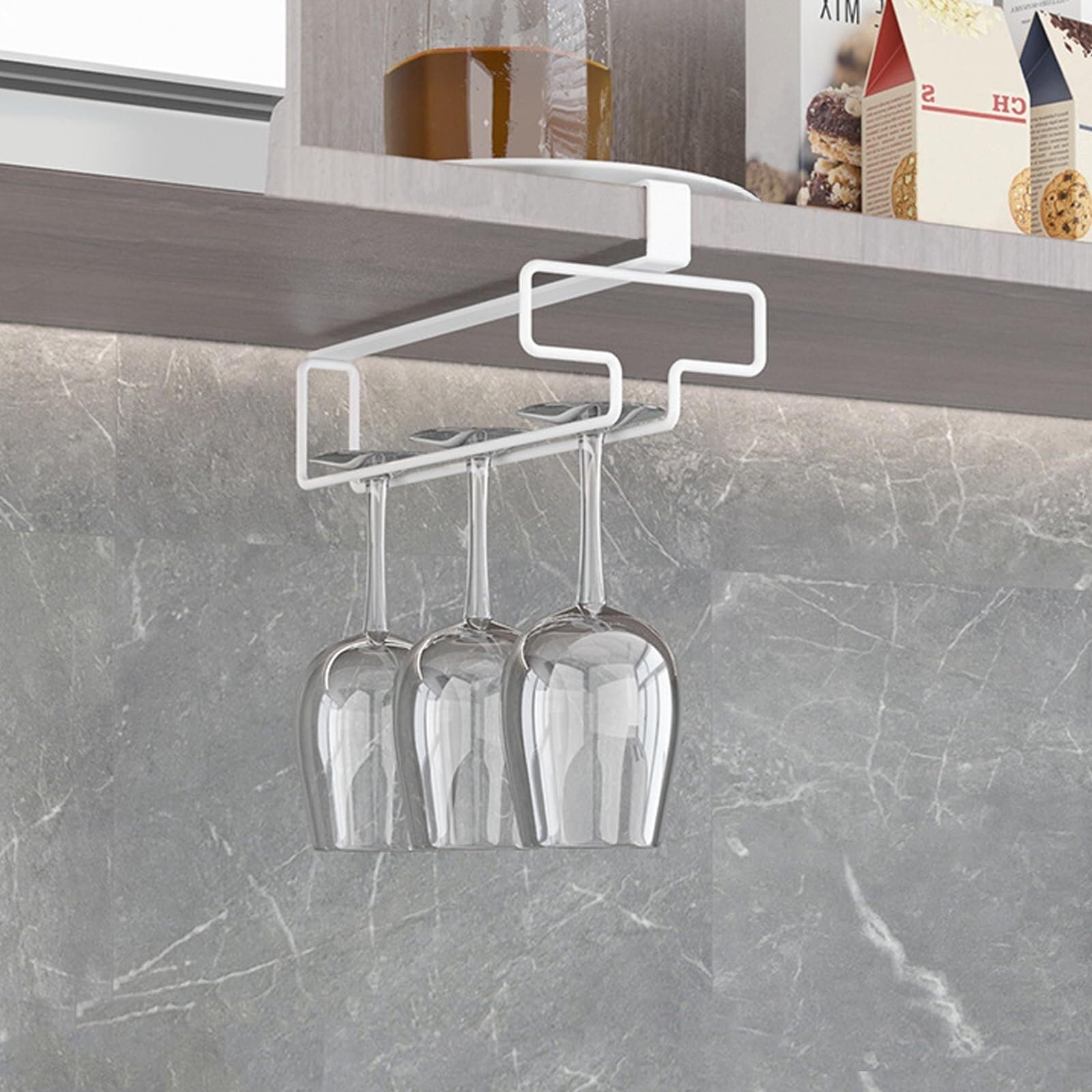 Hueborne White Under Shelf Wine Glass Rack No Drill, Stemware Hanger For Kitchen Cabinet, 1-3 Rows(,4.1Inch)