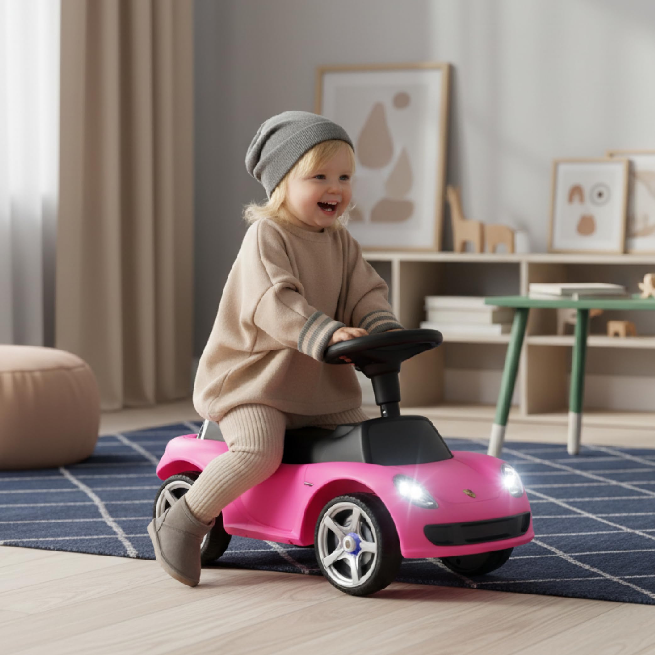 sun baby Rutschauto ab 18 Monaten – Porsche Carrera GT – Lenkrad mit Knöpfen, Scheinwerfer, realistische Aufkleber, bis 30 kg, Rosa